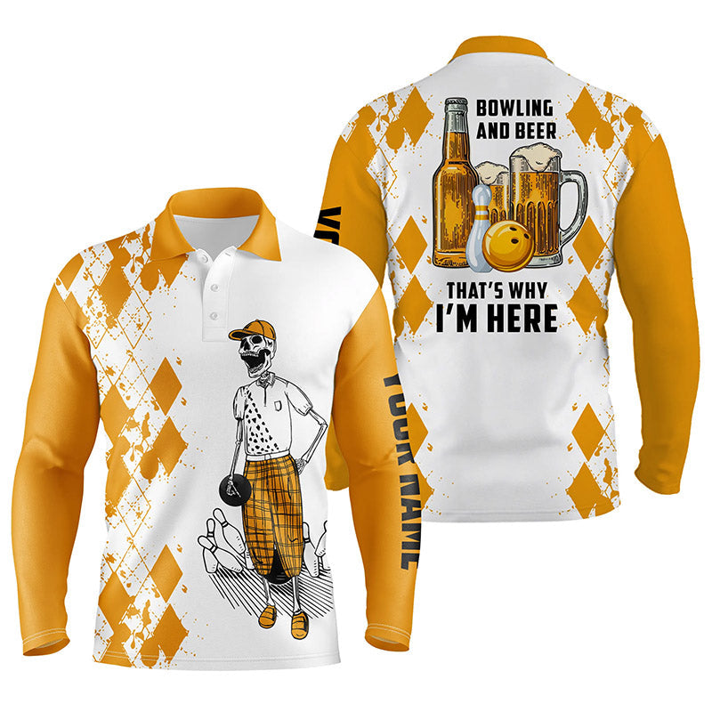 Funny Bowling Beer Skull Bowling Long Sleeve Polo Shirts For Men Custom Name Bowling And Beer That''s Why I''M Here