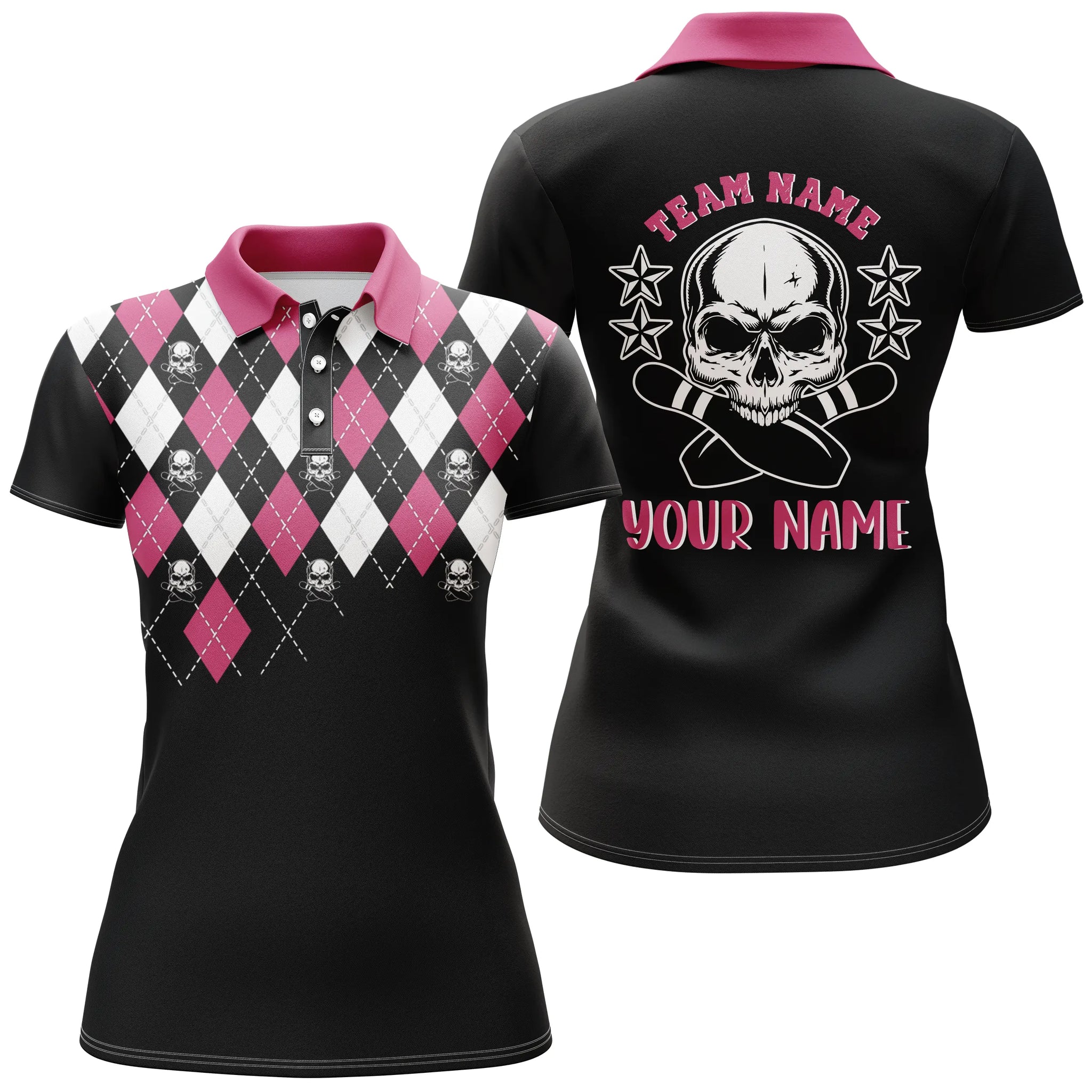 Black Pink Bowling Skull Custom Name Bowling Sleeveless Polo Shirt For Women/ Bowling Team Polo Shirt