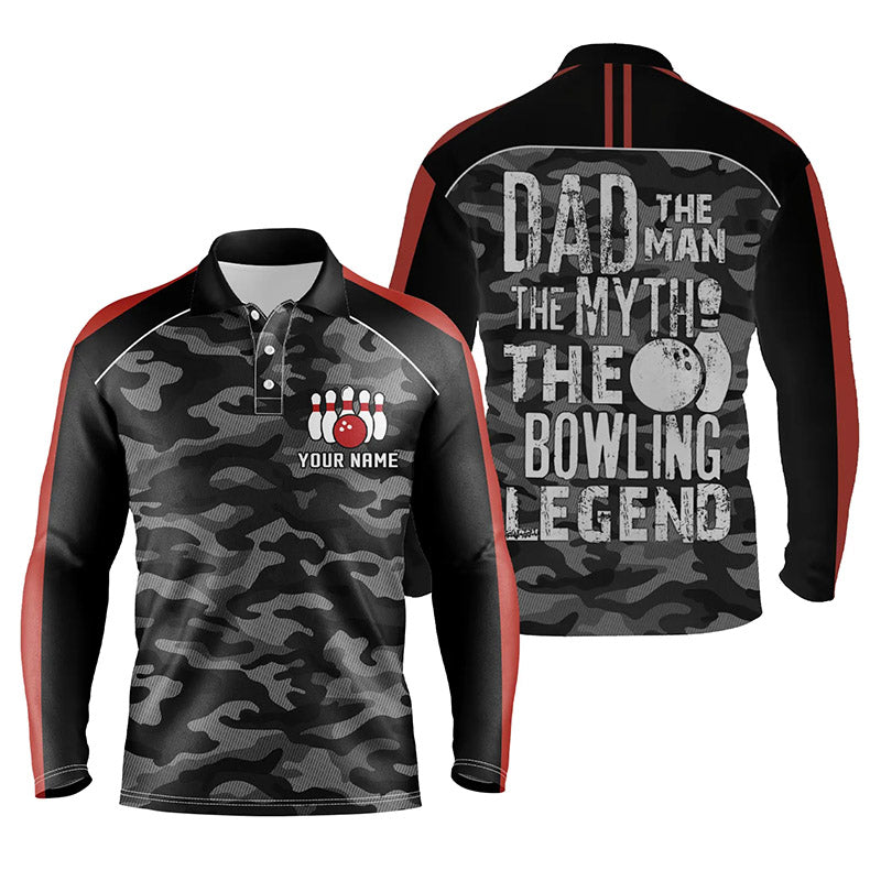 Mens Long Sleeve Polo Bowling Shirts Custom Black Camo Bowling Team Jersey Dad The Man The Myth Bowling Legend