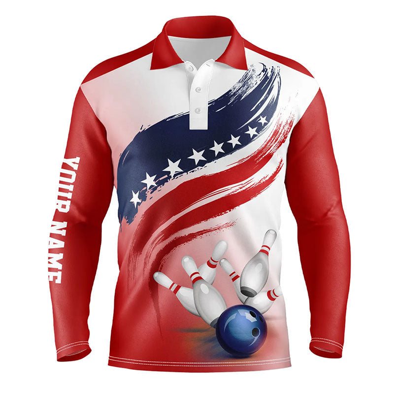 American Flag Bowling Ball And Pins Bowling Long Sleeve Polo Shirt For Men/ Custom Bowling Team Jerseys