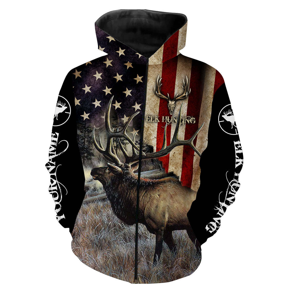 Elk Hunting American Flag Custom Name Full Printing Shirts/ Hoodie Personalized Hunting gift