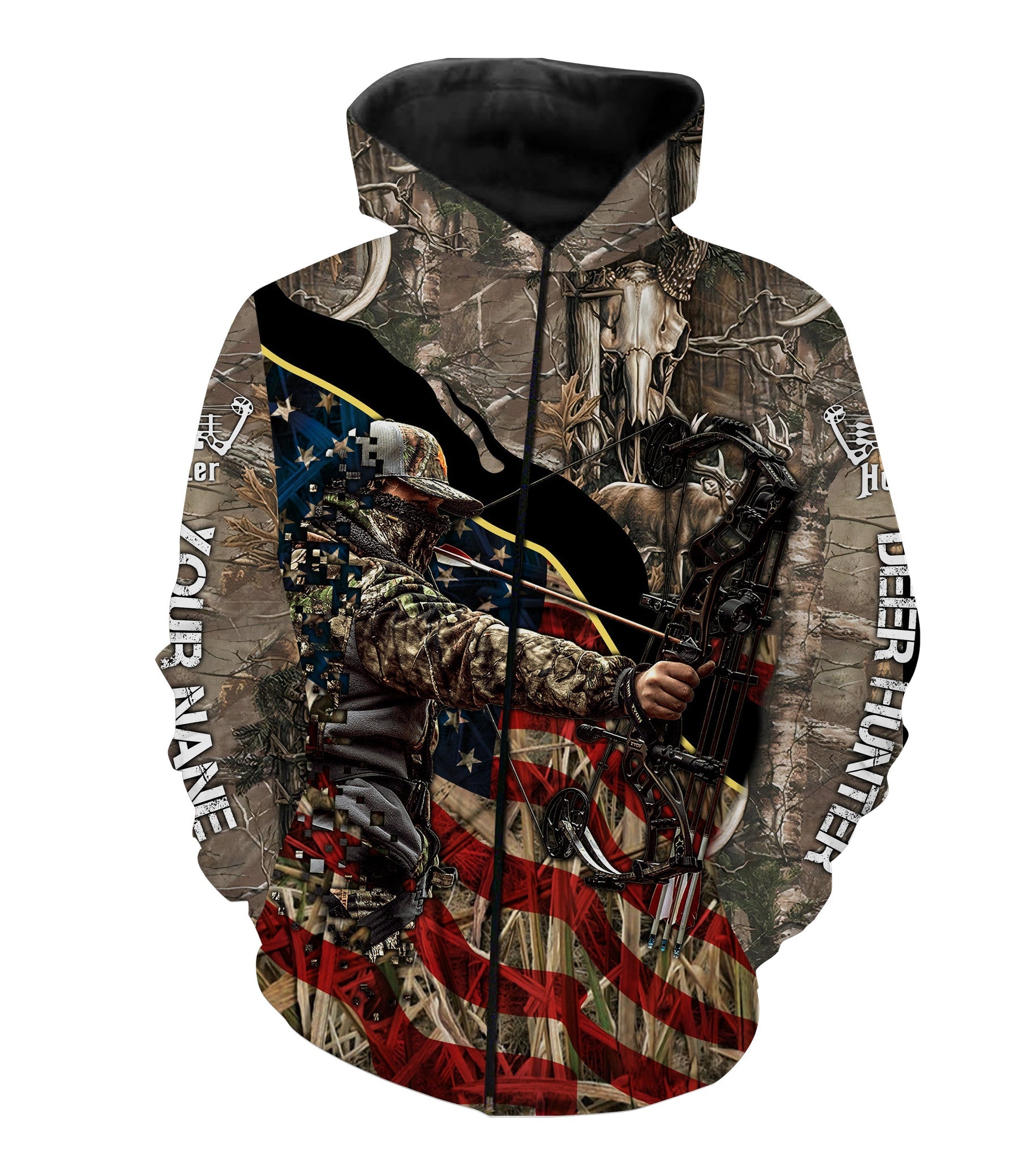 Archery Bow Hunting American Flag Deer Hunting Custom Name 3D All Over Printed Shirts/ Hoodie/ Personalized Gifts