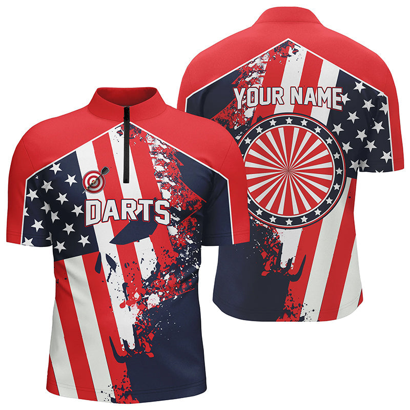 Water Color American Flag Patriotic Darts Quarter Zip Shirt Custom Name Dart Jersey For Men