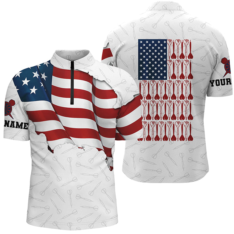 Darts Pattern Waving American Flag White Quarter-Zip Shirt Patriotic Dart Jersey For Men