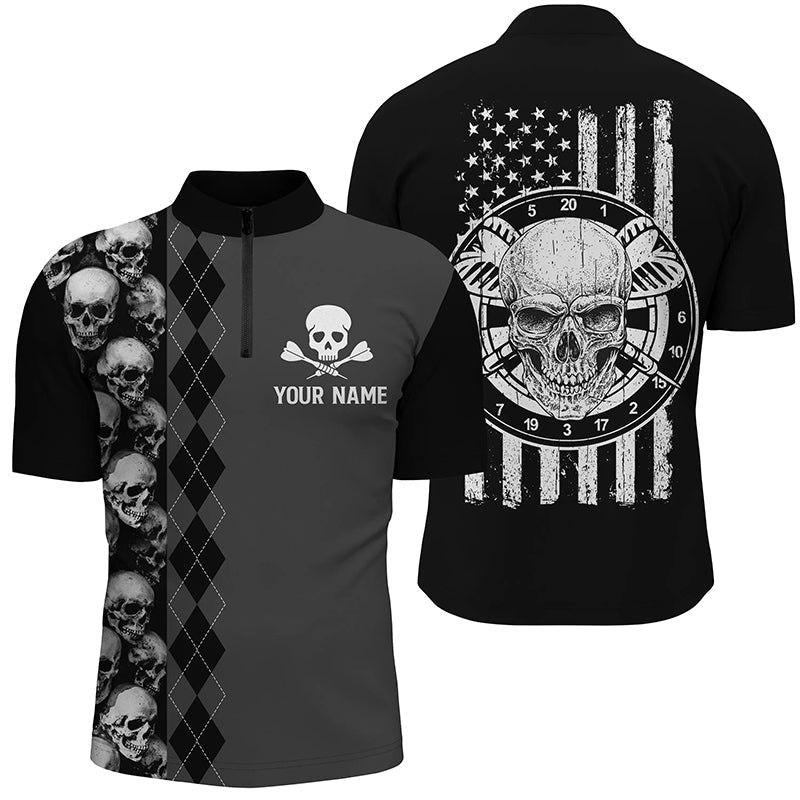 Black Grey Argyle Skull Darts Quarter-Zip Shirt American Flag Patriotic Dart Jersey For Men/ Skull Shirt