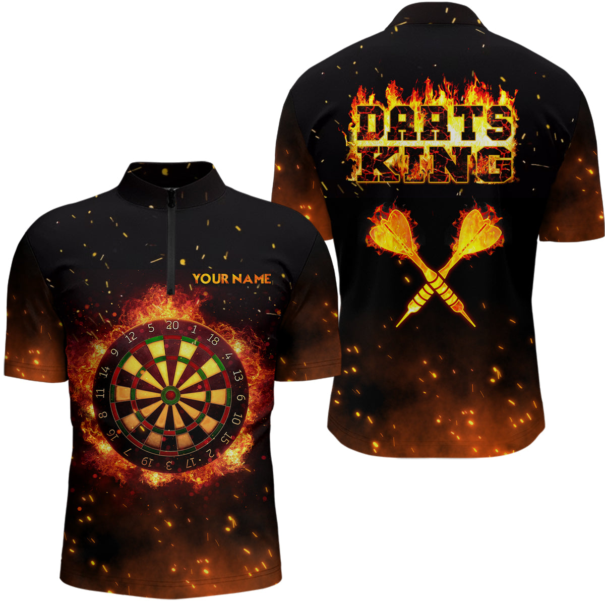 Personalized Flame Darts King Quarter Zip Shirt Custom Name Fire Darts Jersey For Men