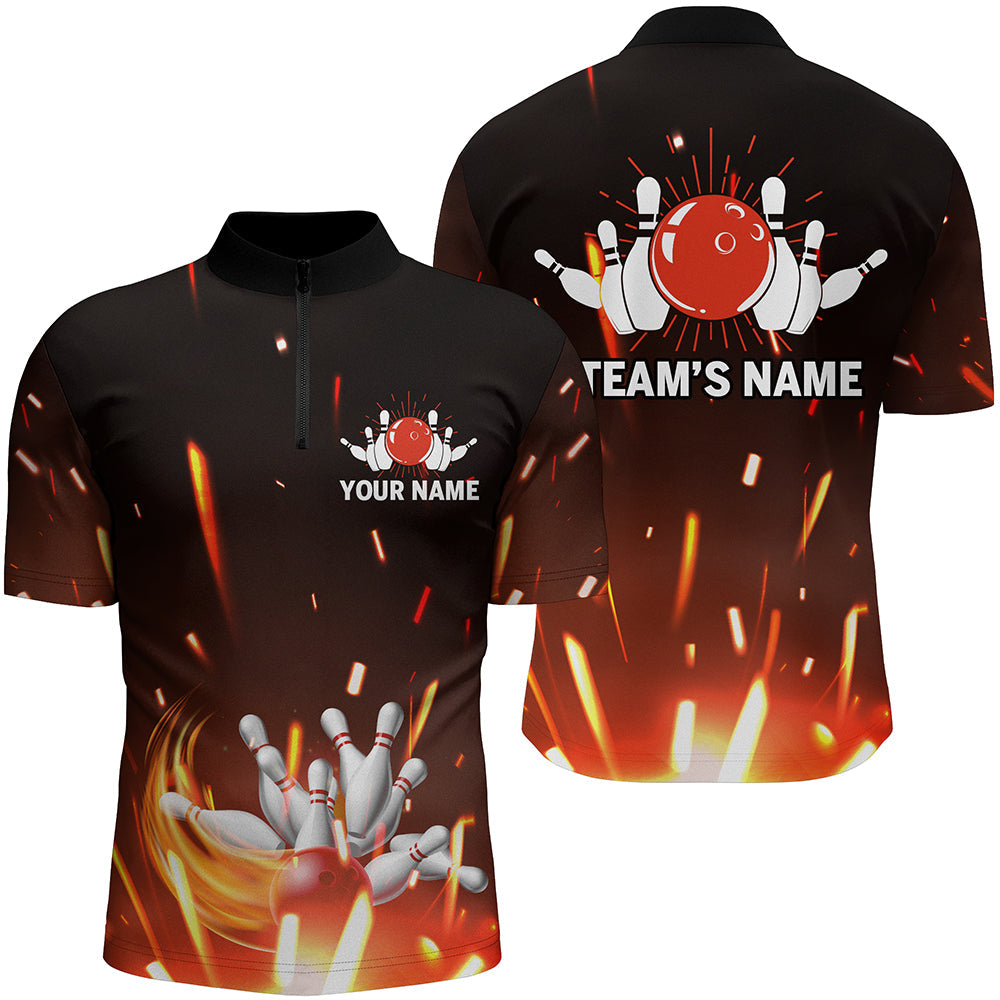 Personalized Bowling Shirt for Men/ Flame Bowling Quarter-Zip Shirt for Team/ Men Bowlers Jersey