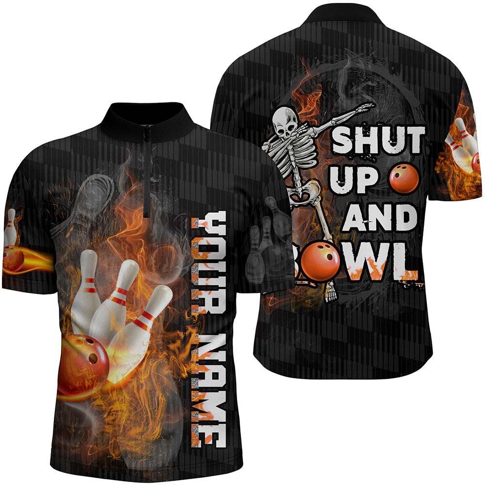 Shut Up and Bowl/ Funny Bowling Shirt for Men/ Personalized Quarter Zip Flame Skull Bowler Jersey