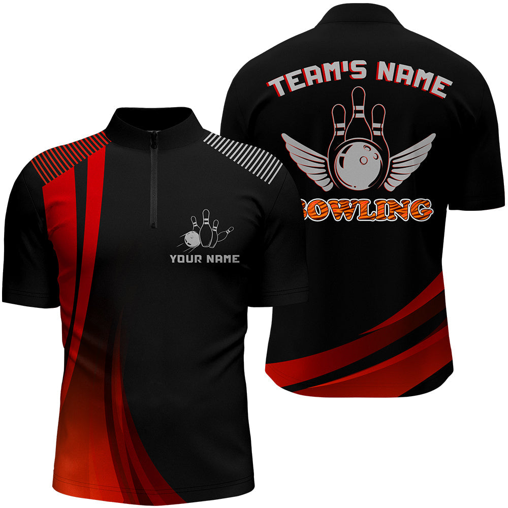 Custom Bowling Shirt for Men/ Red & Black Bowling Jersey with Name League Bowling Quarter-Zip Shirt