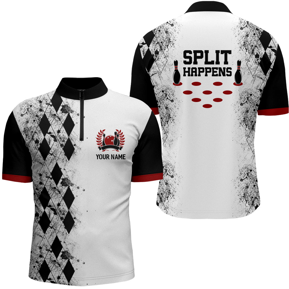 Split Happens Personalized Bowling Shirt for Men League Bowling Jersey with Name Men Quarter-Zip