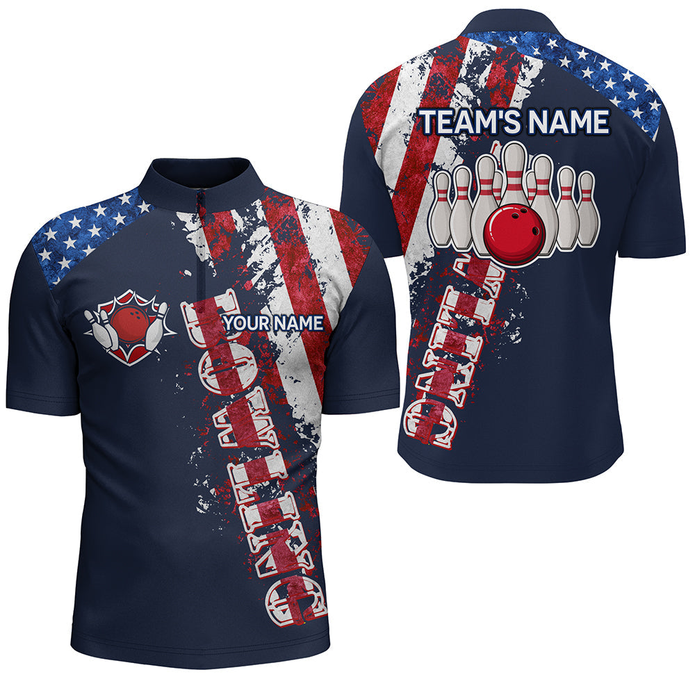 Patriotic Men''s Bowling Shirt Quarter-Zip/ Custom Name Men Bowlers Jersey American Flag
