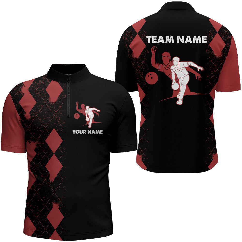 Men''s Bowling Shirt Personalized Name Red Black Quarter-Zip Bowler Team Shirt for Bowling Lovers