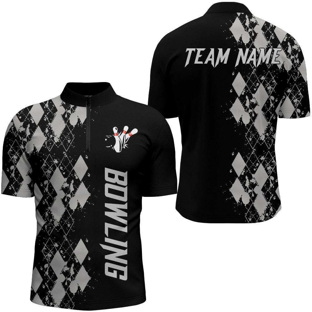 Personalized Men Bowling Shirt Quarter-Zip Custom Name Argyle Pattern Bowler Team Shirt