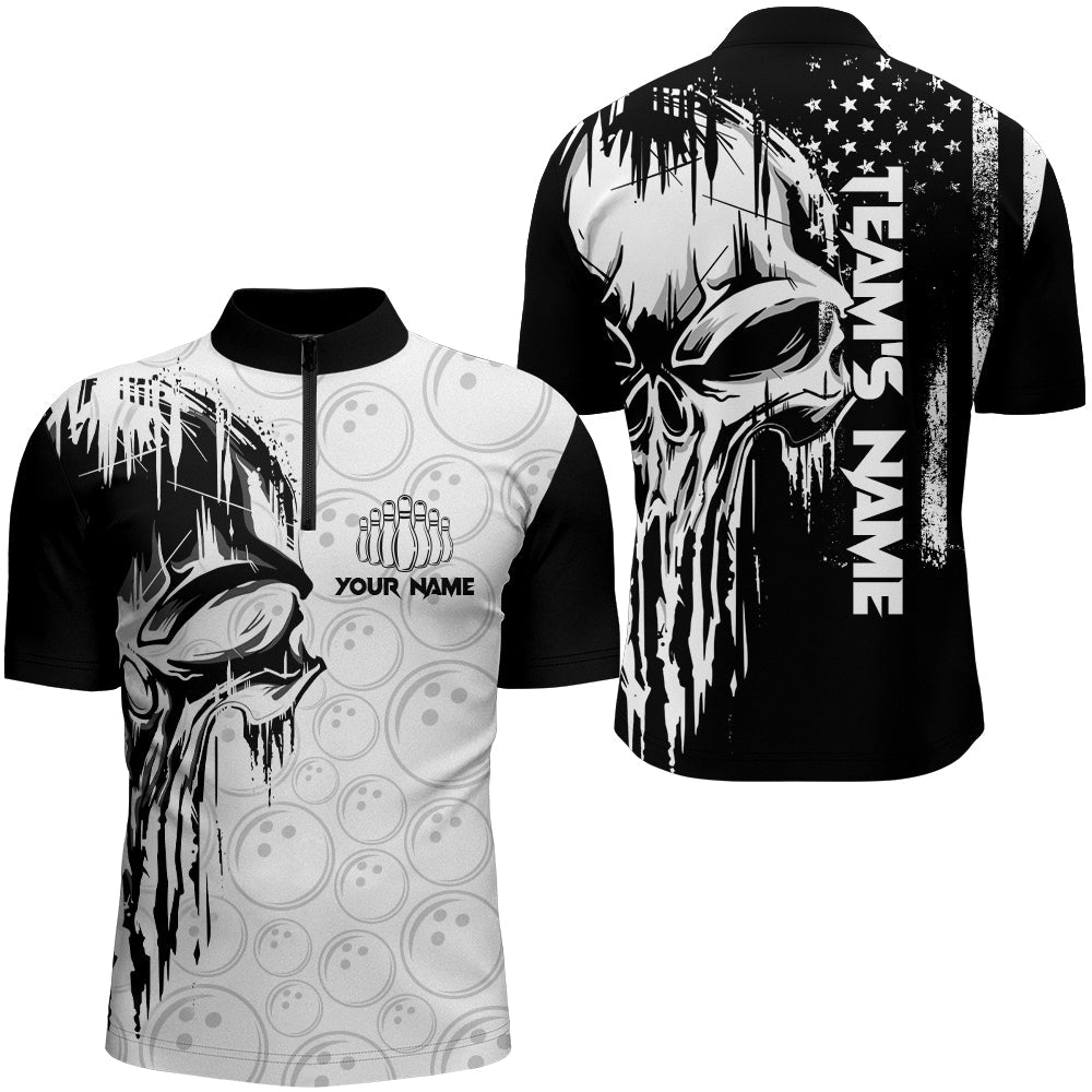 Personalized Skull Bowling Shirt for Men Custom Team''s Name American Flag Bowler Jersey