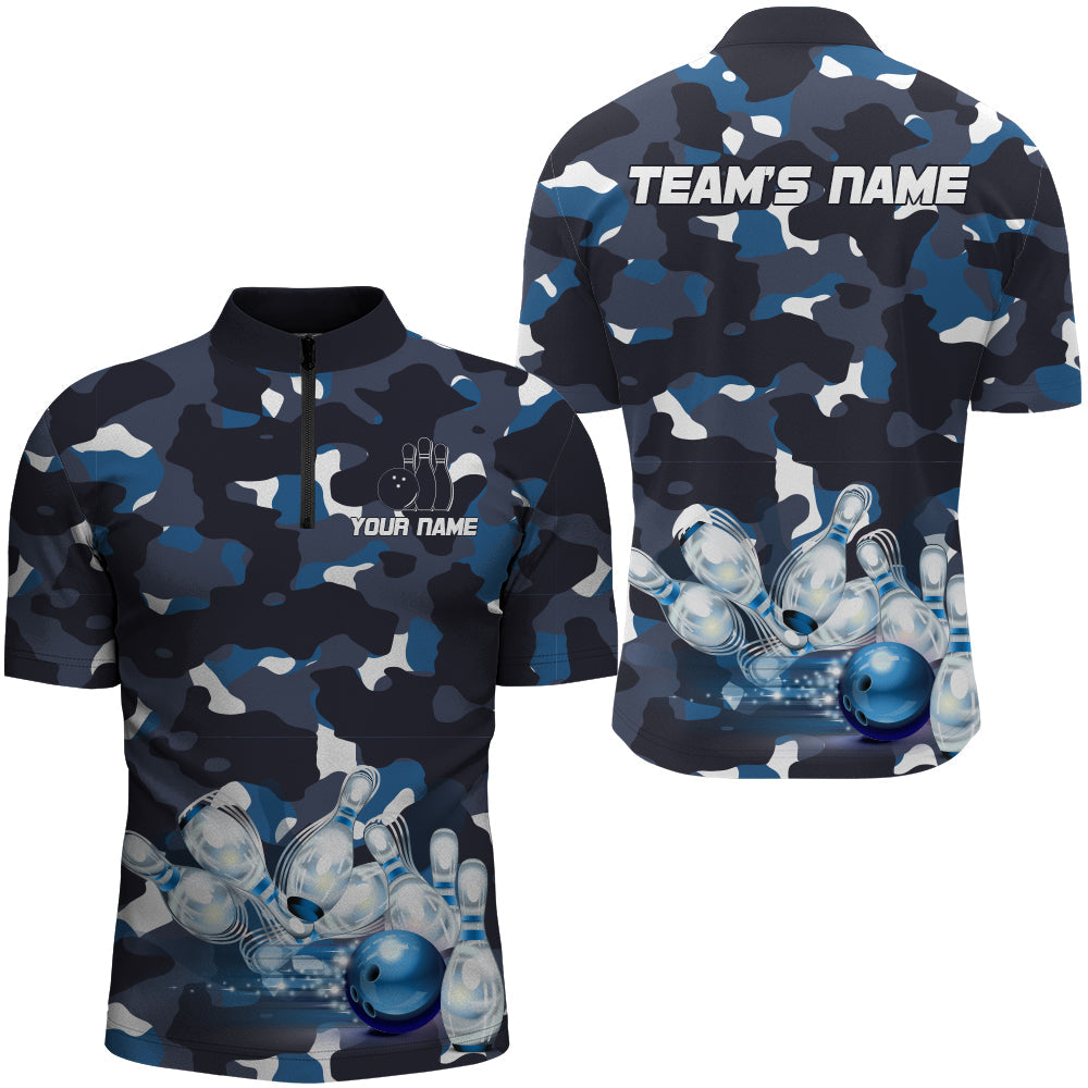 Blue Camo Bowling Men''s Quarter-Zip Shirt/ Custom Team Name Short Sleeve Men Bowling Jersey