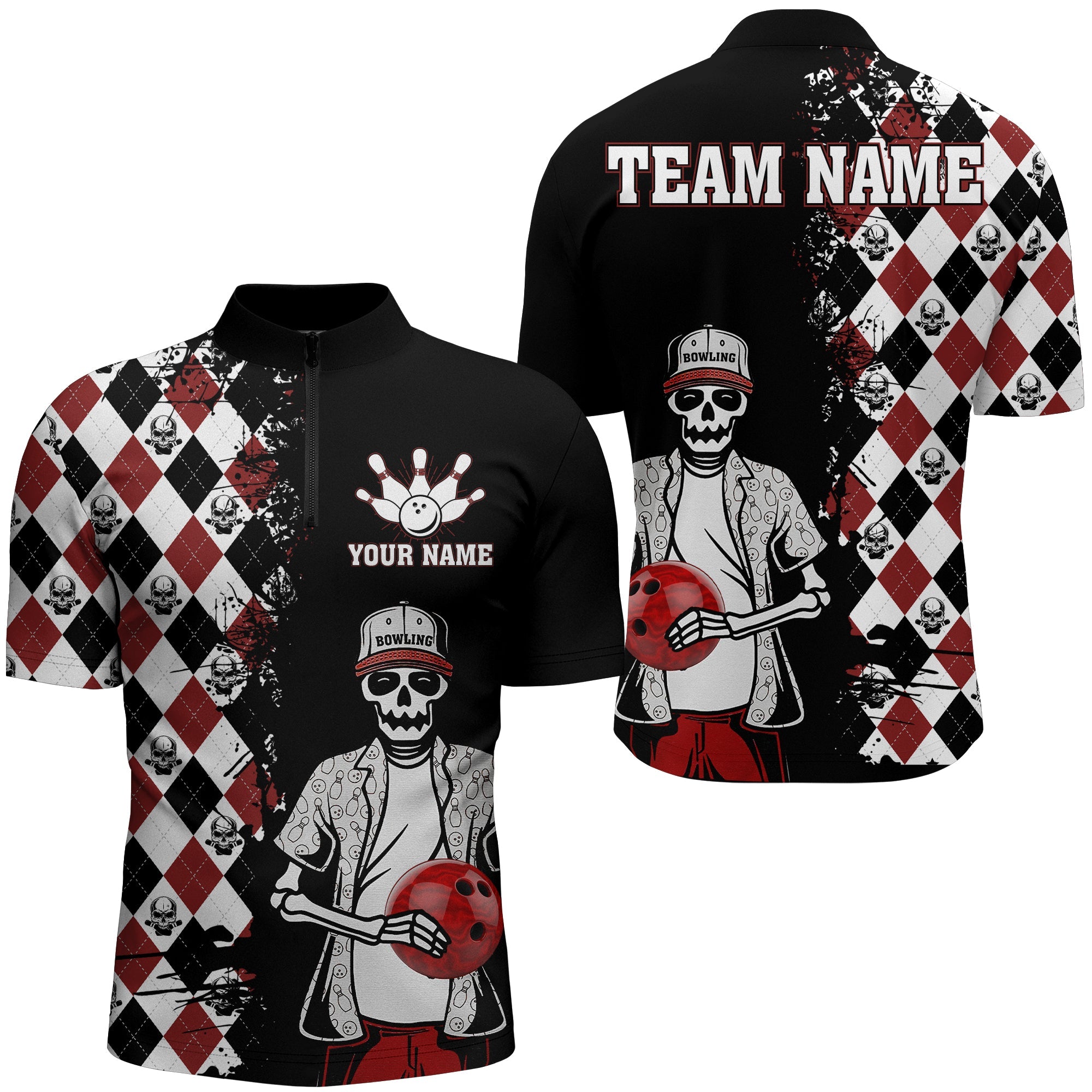 Skull Bowling Shirt for Men/ Quarter-Zip Shirt Personalized Name Argyle Bowling Bowler Team Jersey