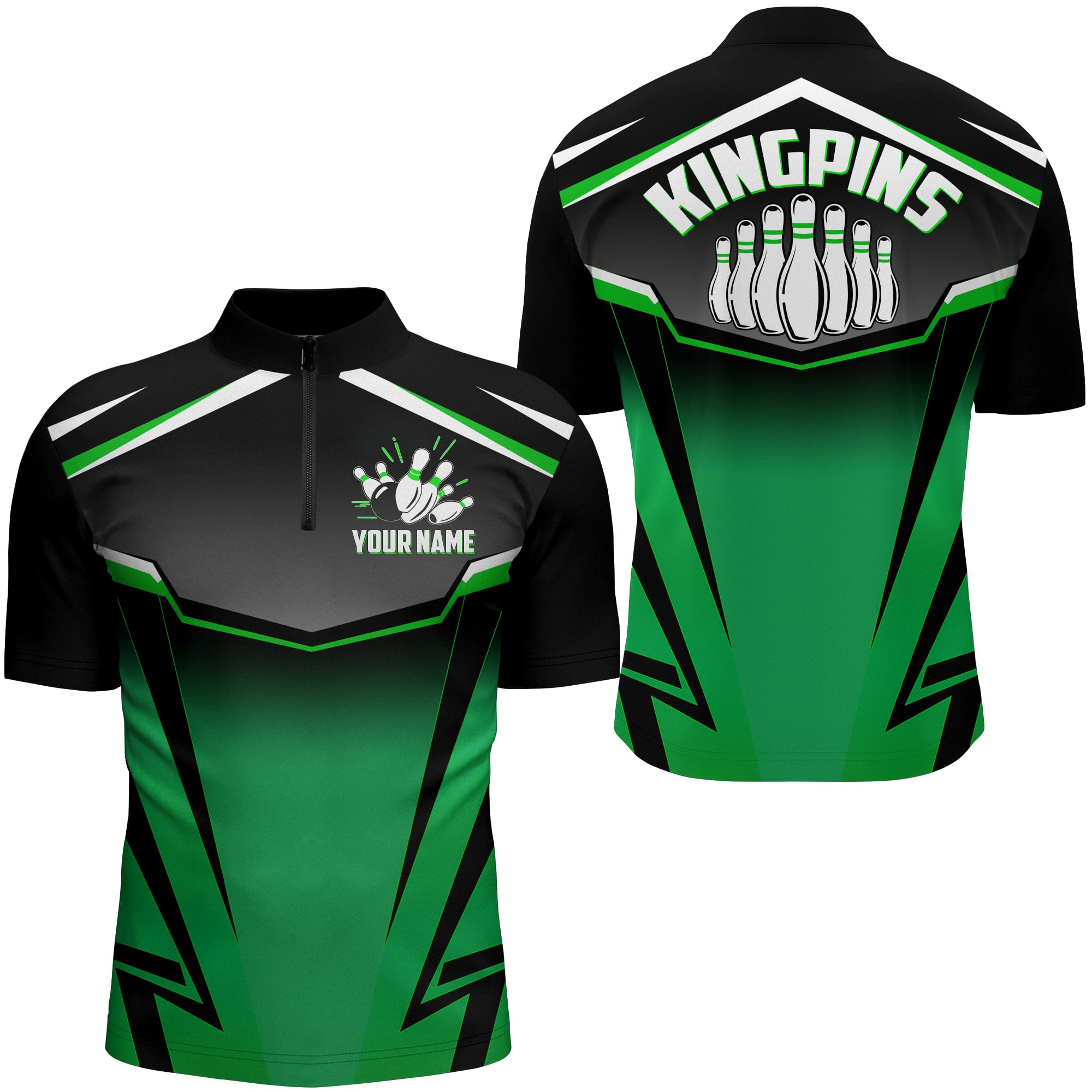 Custom Bowling Shirt for Men Kingpins Green Quarter-Zip Bowling Shirt with Name/ Men Bowlers Jersey