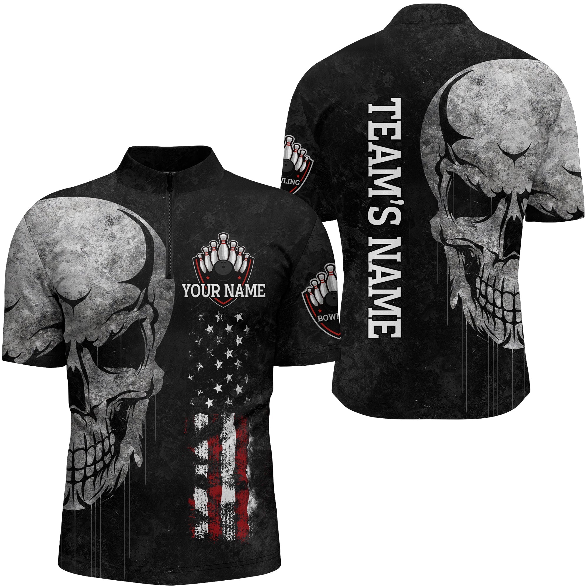 Men''s Skull Bowling Shirt Quarter-Zip/ Patriotic Custom Name Men Bowlers Jersey American Flag