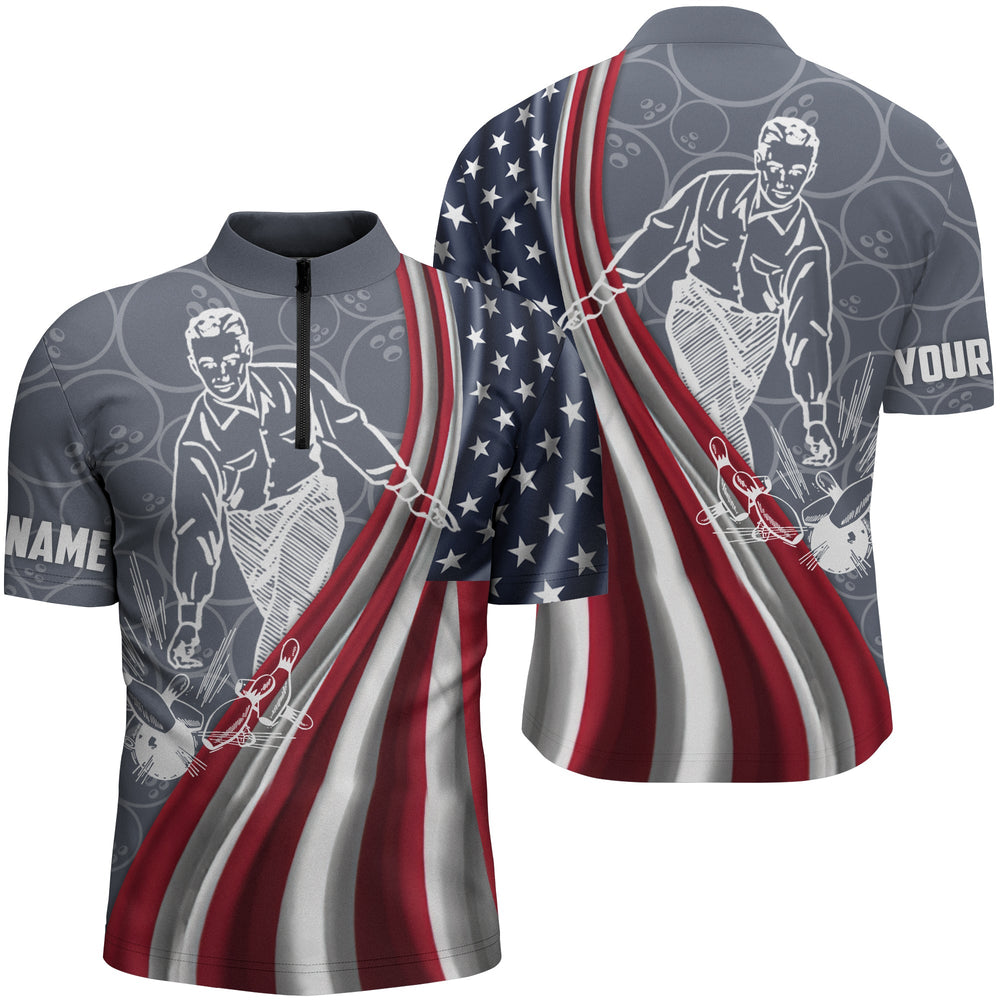 Patriotic Men''s Bowling Shirt Quarter-Zip/ American Flag Custom Name Bowlers Jersey Short Sleeve