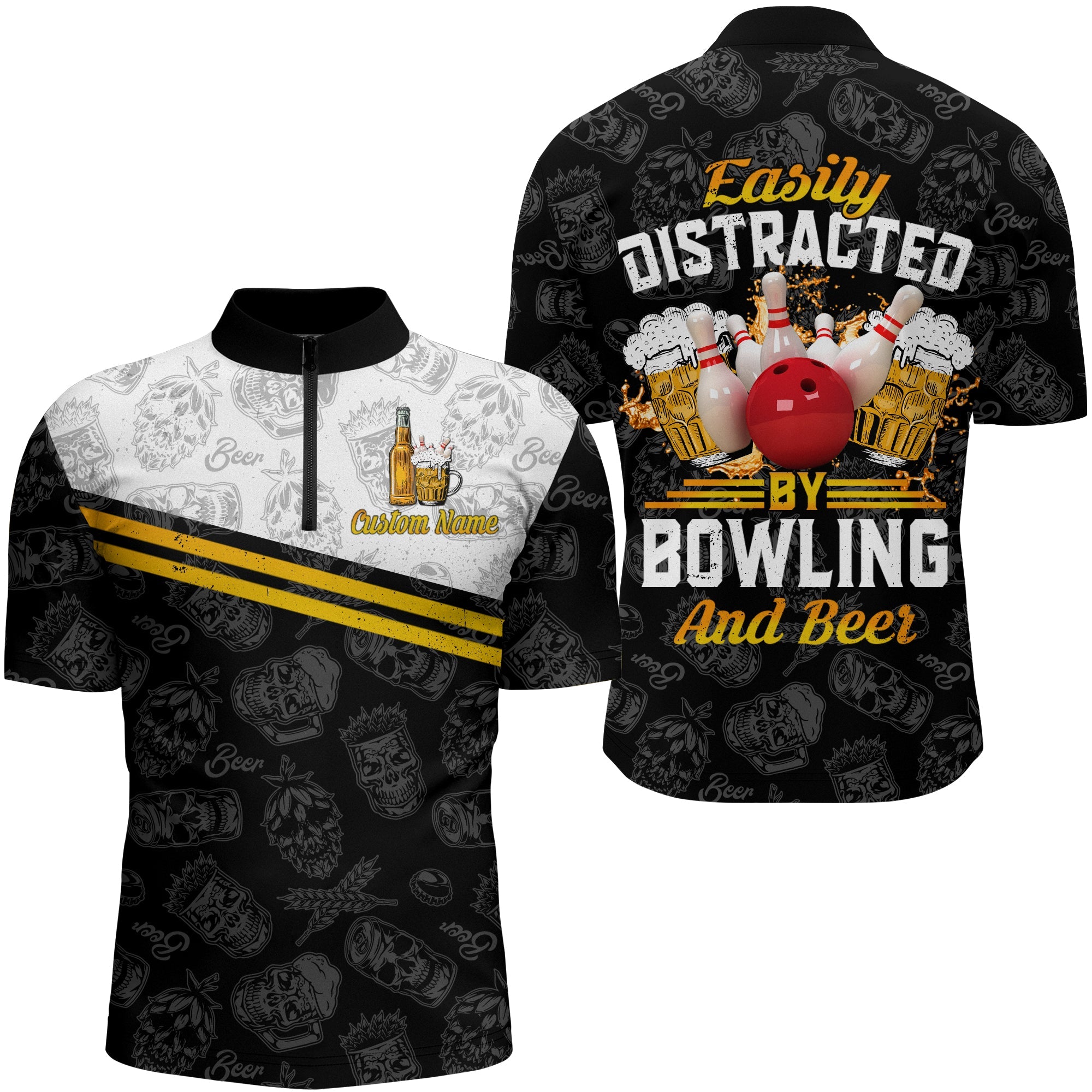 Funny Bowling Shirt for Men Easily Distracted By Bowling and Beer Custom Bowling Jersey Quarter-Zip