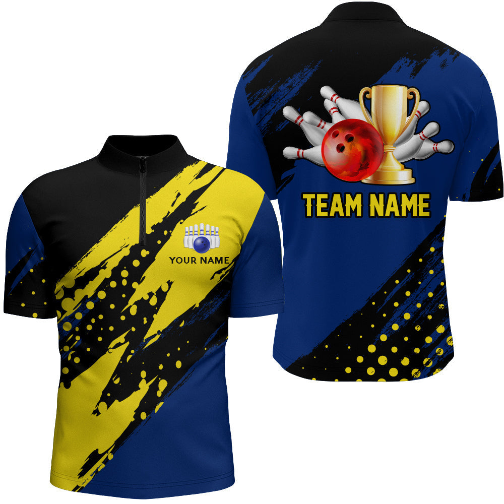 Custom Bowling Quarter-Zip Shirt For Men Black&Blue Bowling Jersey Bowling League Shirt For Team