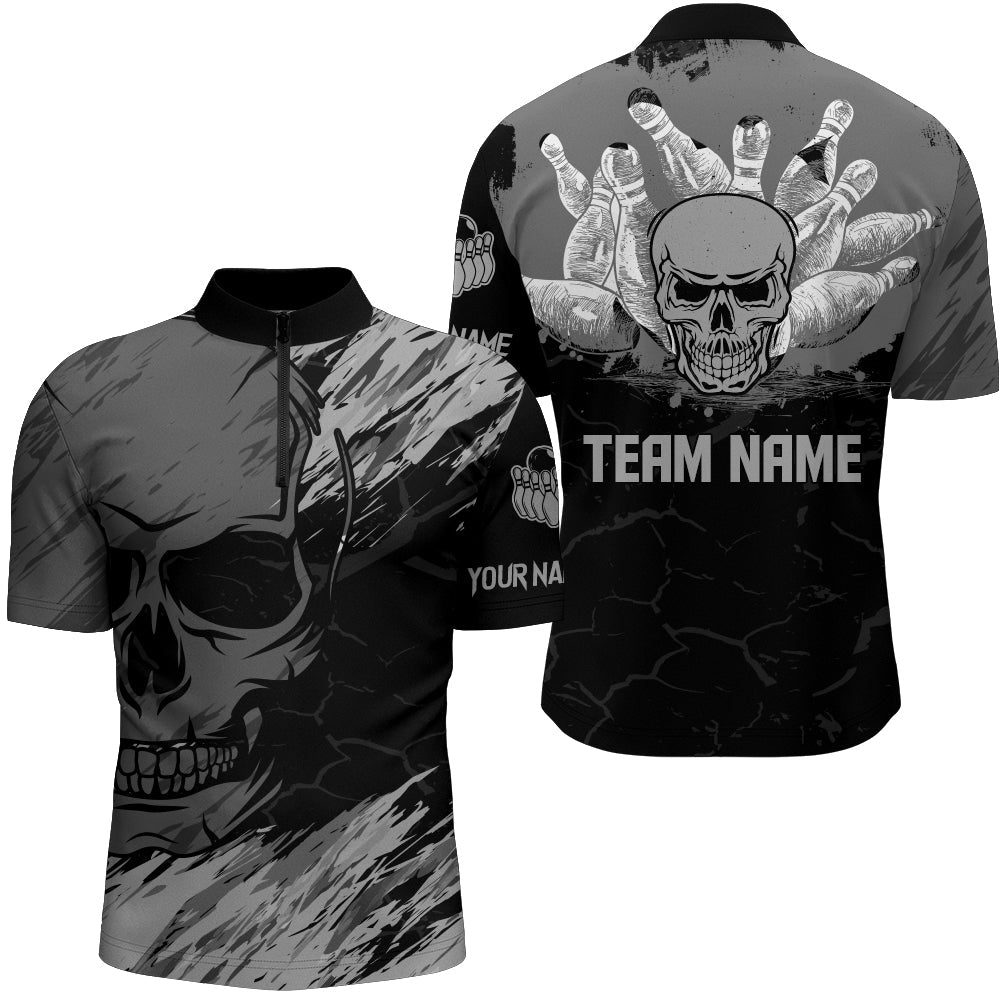 Skull Bowling Quarter-Zip Shirt For Men Black Bowling Team Jersey Custom Bowling Jersey Shirt