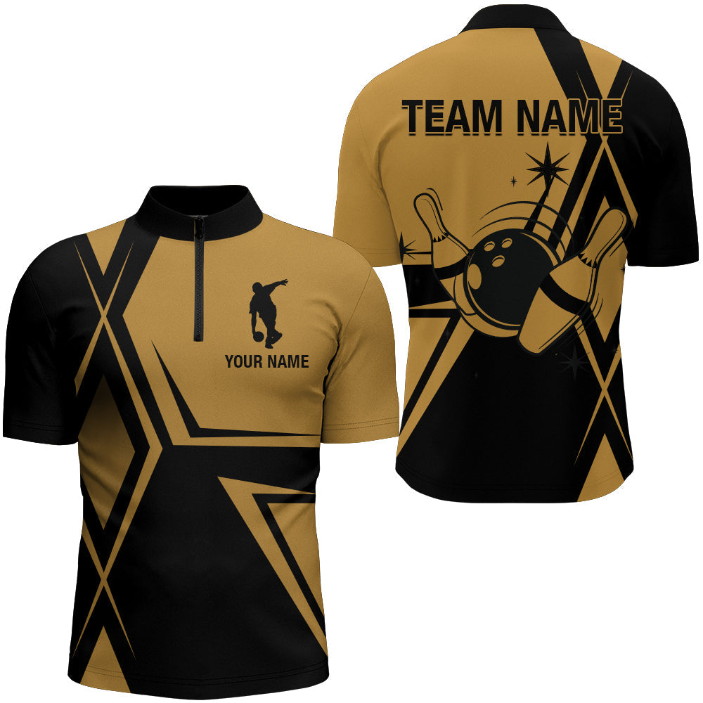 Black and Gold Bowling Jersey Men Custom Bowling Quarter-Zip Shirt Vintage Bowling Team League Shirt