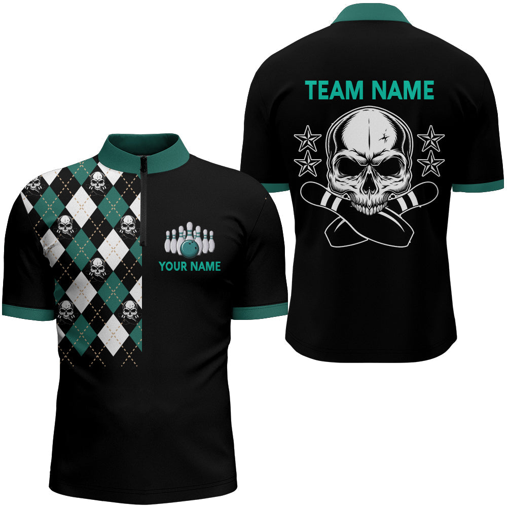 Skull Bowling Quarter-Zip Shirt For Men Black Bowling Team Jersey Custom Bowling Jersey Shirt