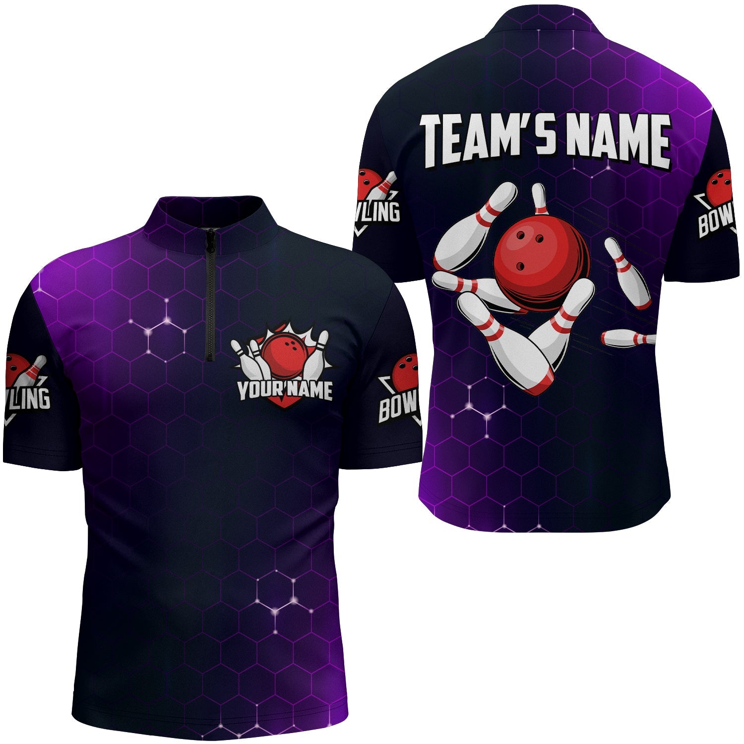Purple Bowling Quarter-Zip Shirt for Men Custom Bowling Jersey Bowling Team League Shirt