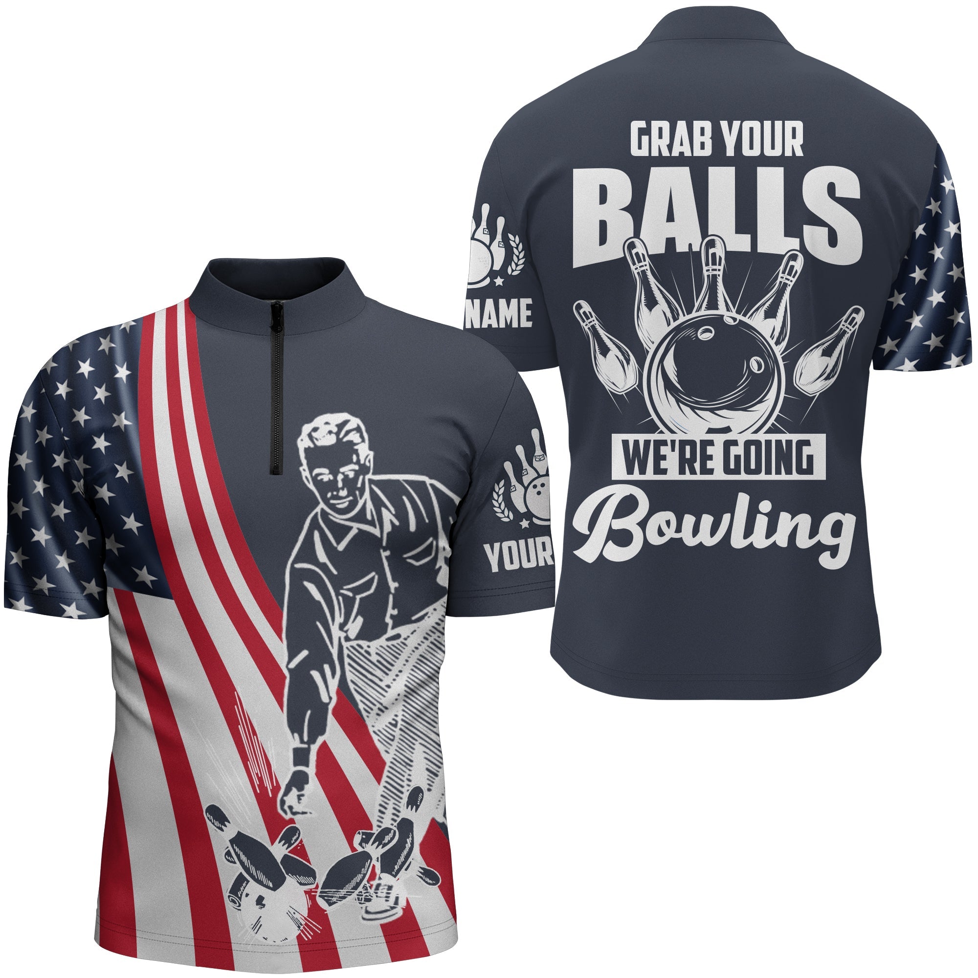 Custom Bowling shirts for men American flag patriotic Bowling Ball & Pins men Quarter Zip shirt