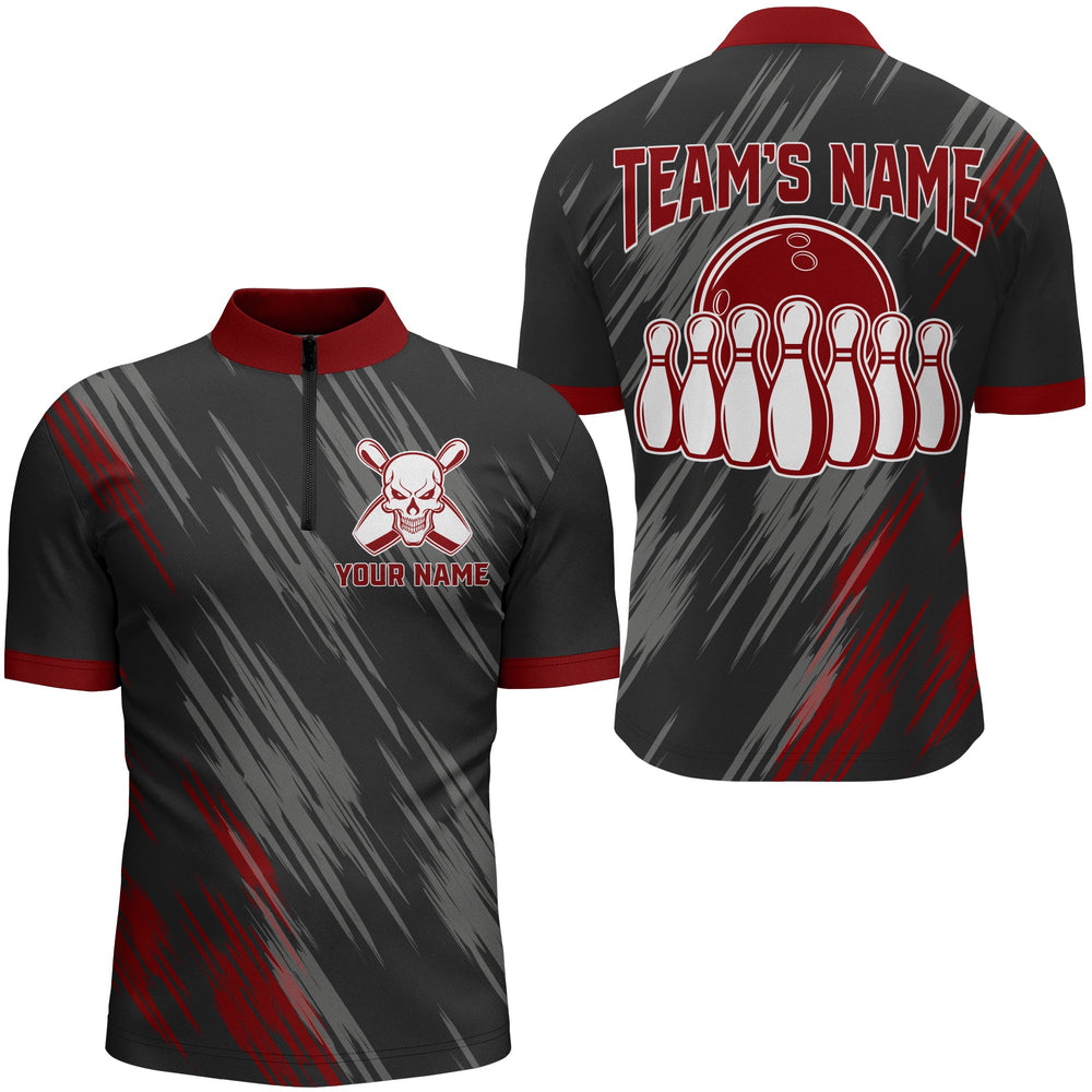 Punisher Skull Bowling Quarter-Zip Shirt For Men Black & Red Bowling Jersey Bowling Team Shirt