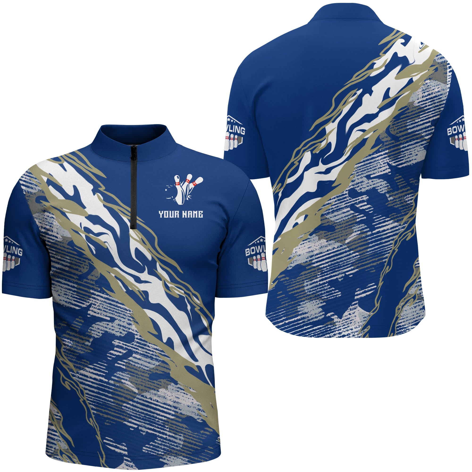 Custom Bowling Shirt for Men Blue Camo Bowling Jersey Flame Bowling Quarter-Zip Shirt