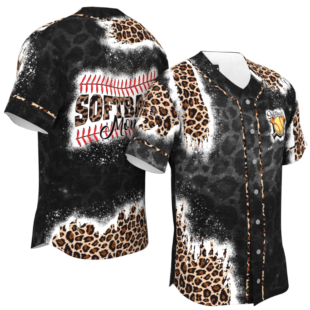 Softball Mom Black Leopard Pattern Baseball Jersey/ Gift for Mom Fan