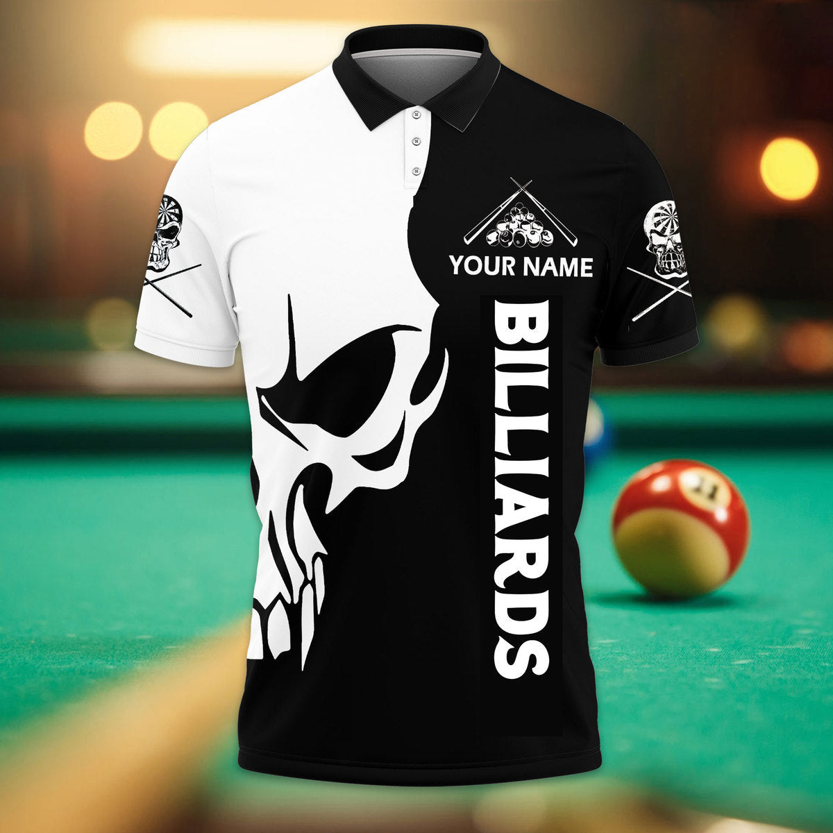 Personalized Name Billiard Skull All Over Printed Polo Shirt/ Skull Shirt/ Billiard Shirt