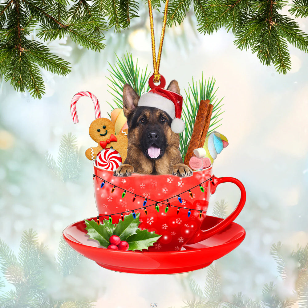 LONG HAIRED German Shepherd In Cup Merry Christmas Ornament Flat Acrylic Dog Ornament