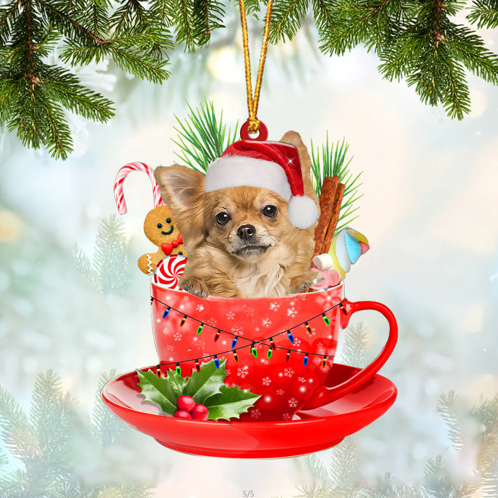 Long haired Tan Chihuahua In Cup Merry Christmas Ornament Flat Acrylic Dog Ornament