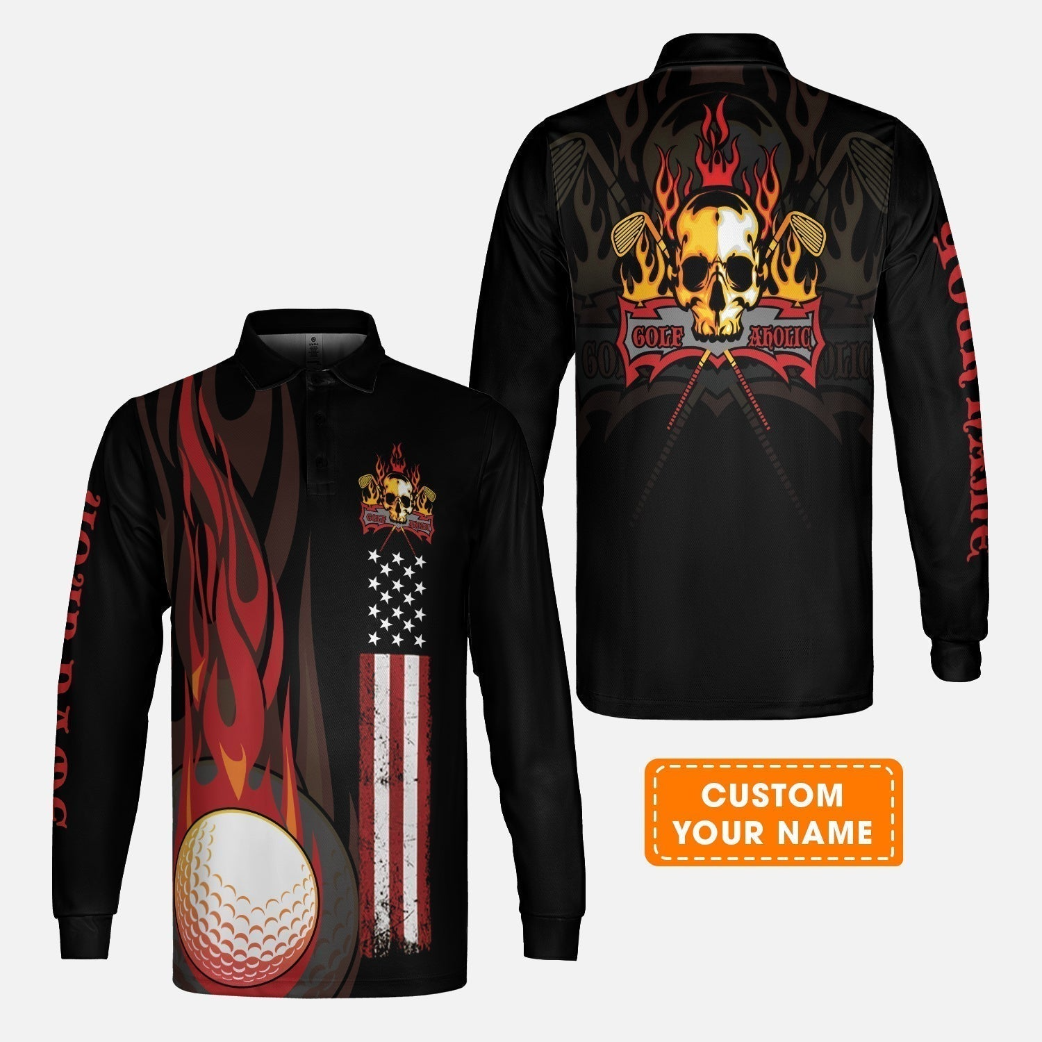 Flame Skull Golf Ball American Flag Custom Name Long Sleeve Polo Shirt - Personalized Gift For Golf Lover