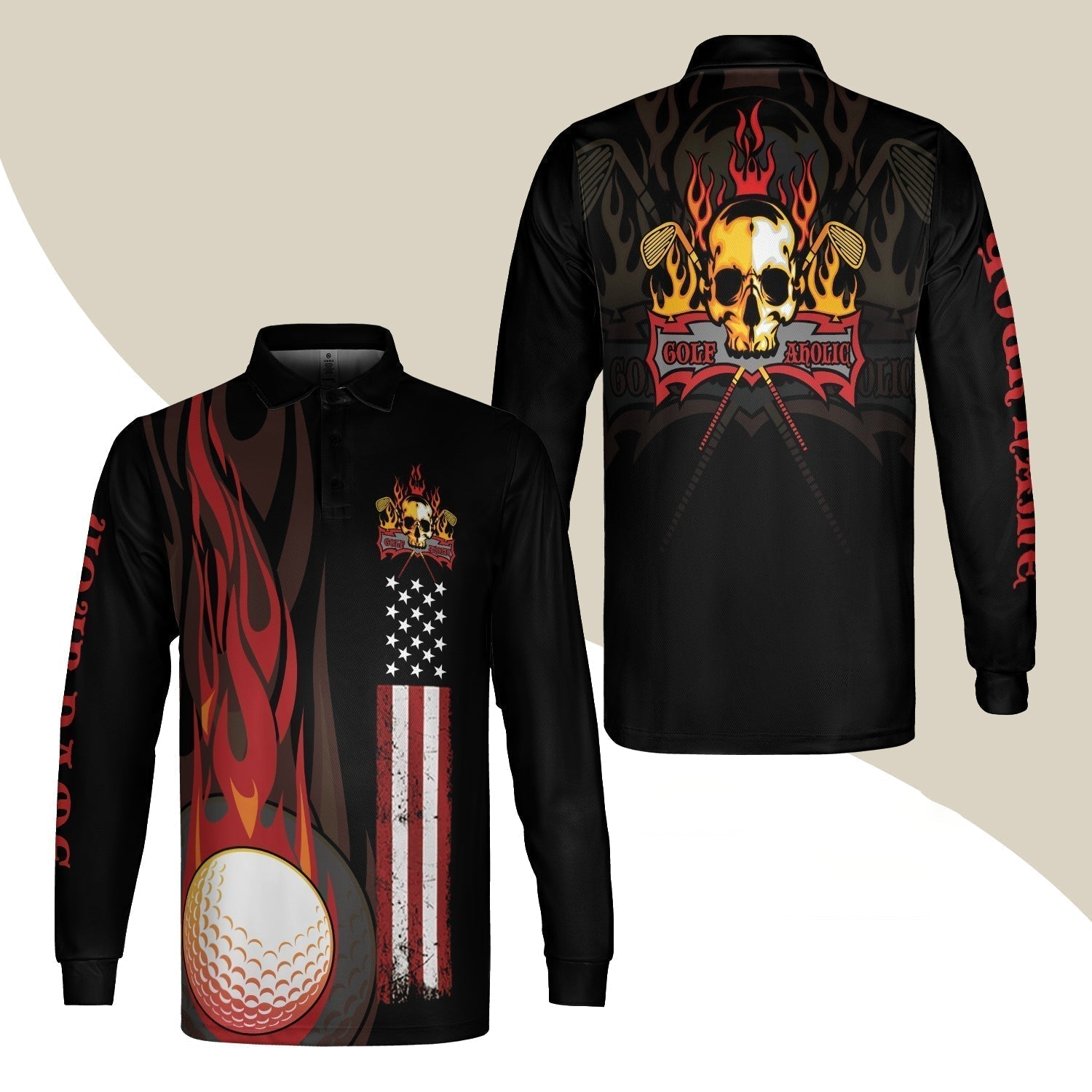Flame Skull Golf Ball American Flag Custom Name Long Sleeve Polo Shirt - Personalized Gift For Golf Lover