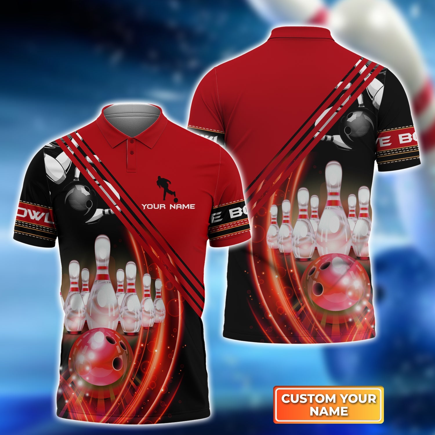 Bowling Ball In Motion And The Pins Personalized Name 3D Polo Shirt