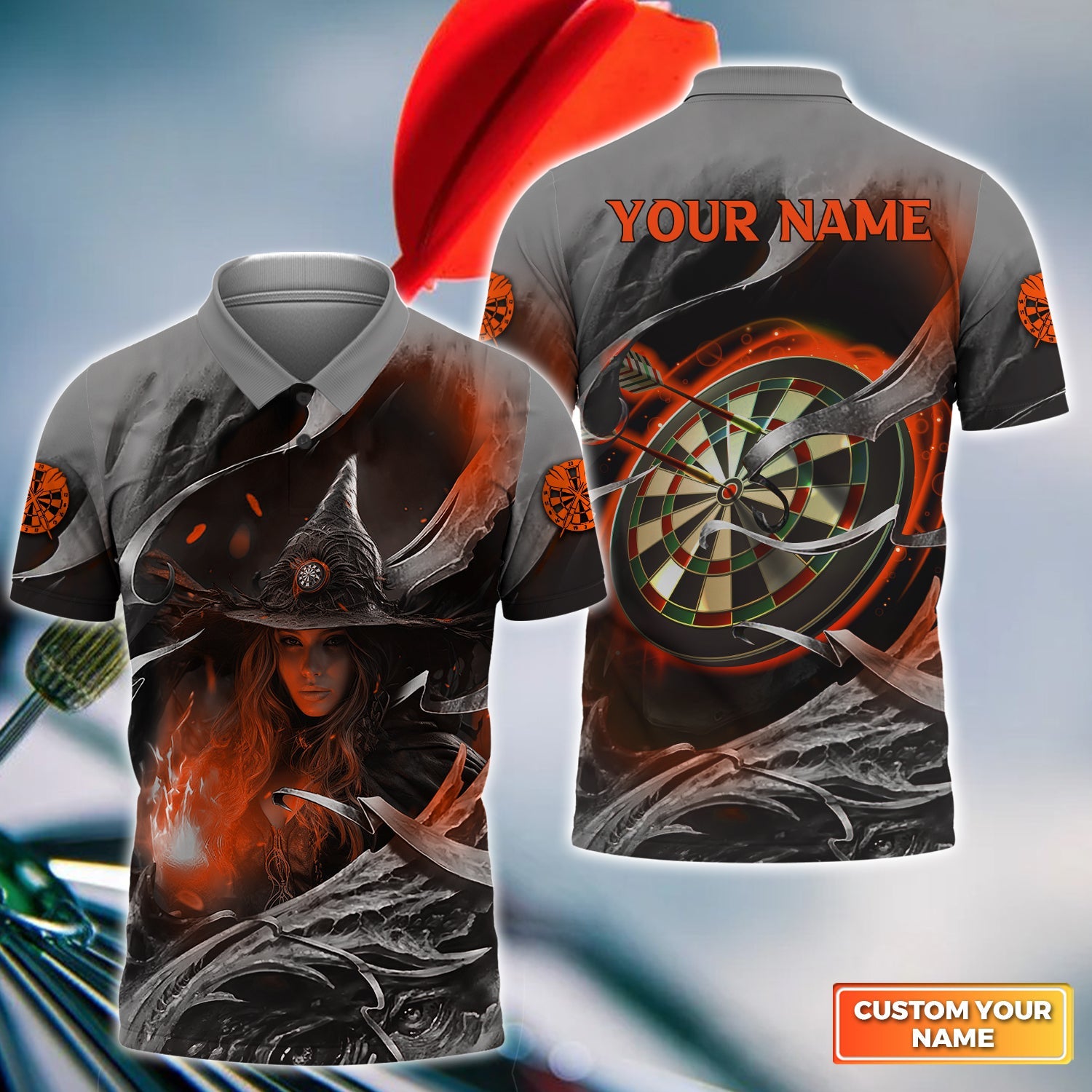 Bullseye Dartboard Personalized Name 3D Witch And Darts Polo Shirt For Dart Team Player/ Gift for Halloween