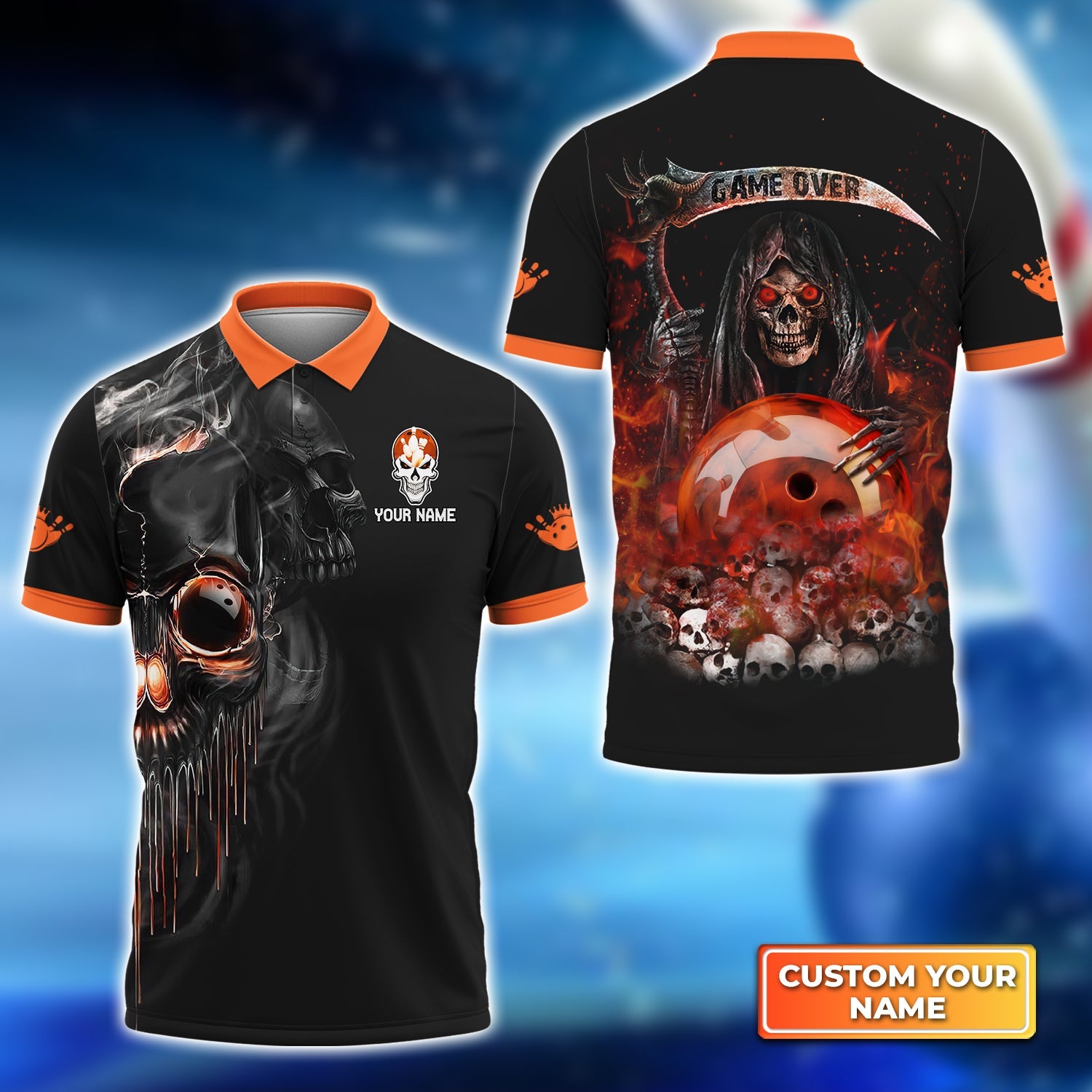 Orange Grim Reaper Bowling Personalized Name 3D Polo Shirt Gift For Bowler