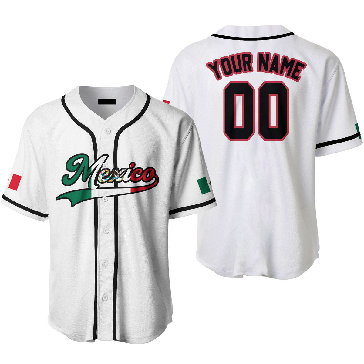 Mexico Text Pattern White Red Black Custom Name Baseball Jerseys/ Idea Gift for Mexican
