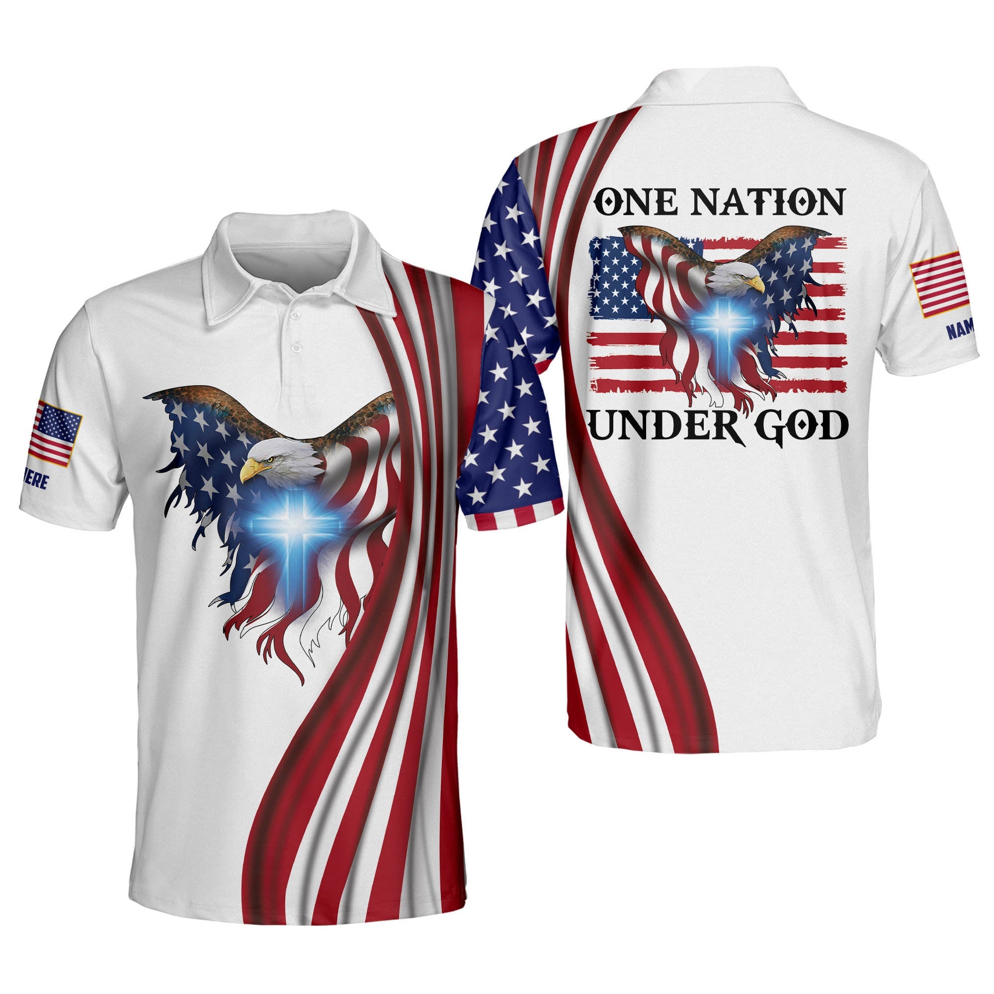 Customized Name One Nation Under God Eagle Polo Shirt/ Independence Day 3D Shirt
