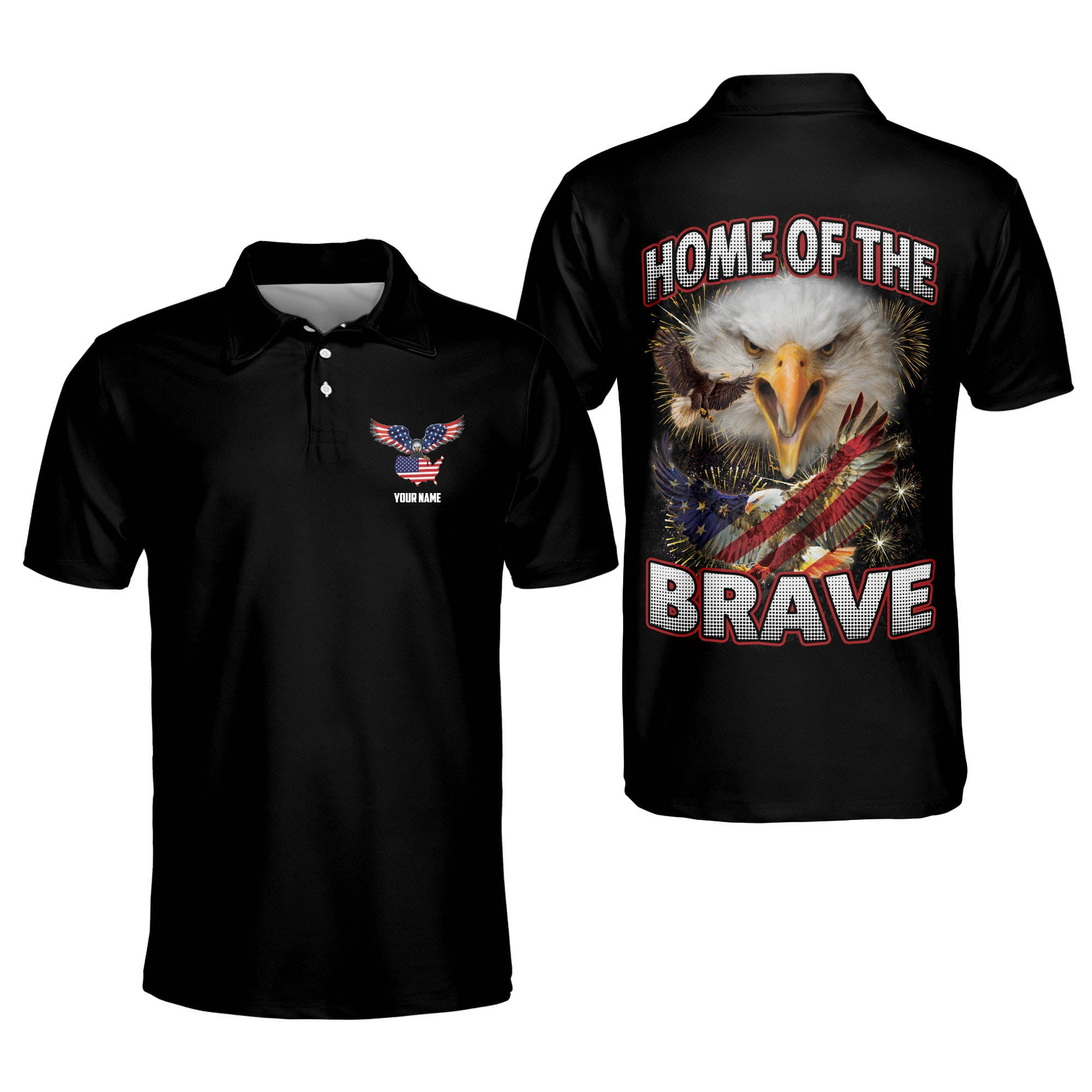 Personalized Name Home Of The Brave Patriotic American With Flag Polo Shirt