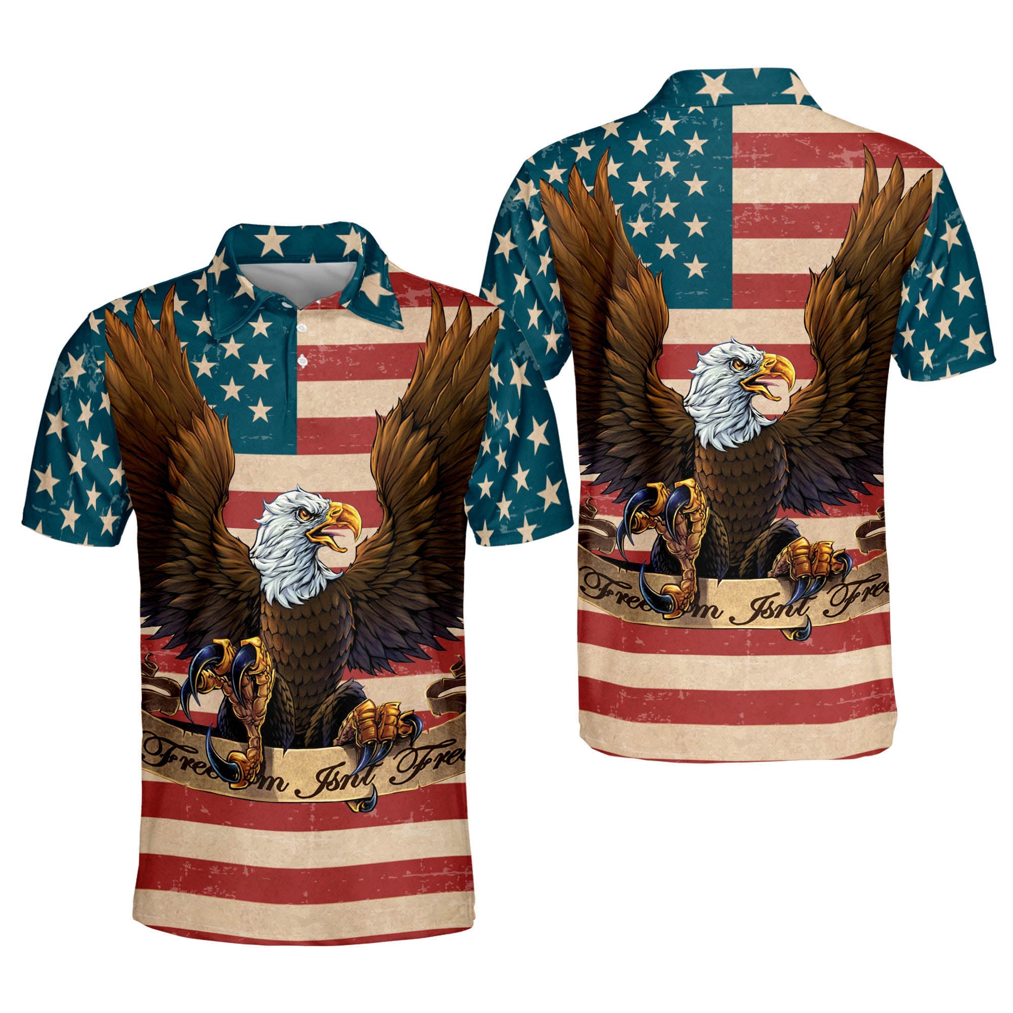 Vintage Freedom Isn''t Free American Flag With Eagle Polo Shirt