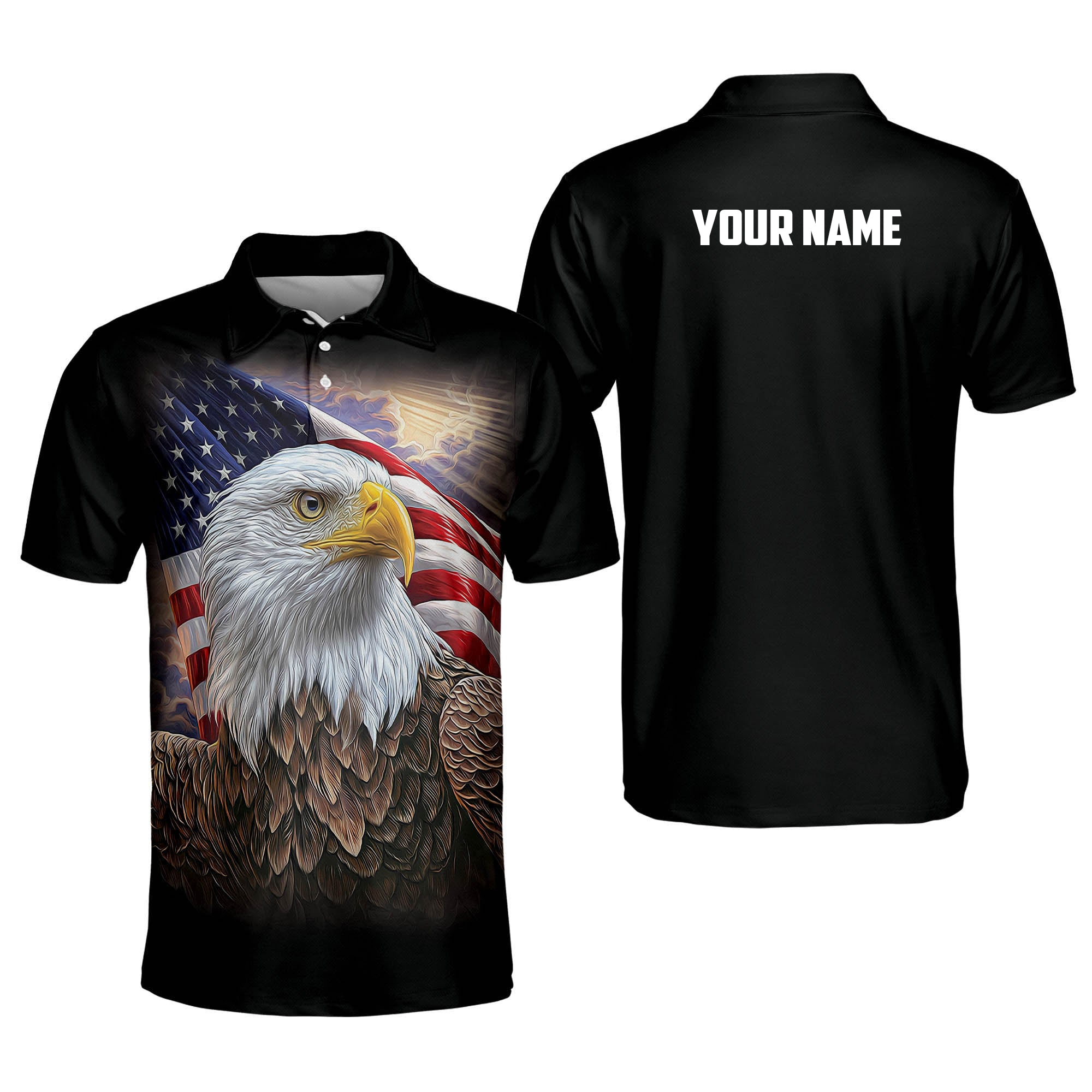 Personalized Name Printed American Flag Design With Eagle Polo Shirt/ 4th July Polo Shirt
