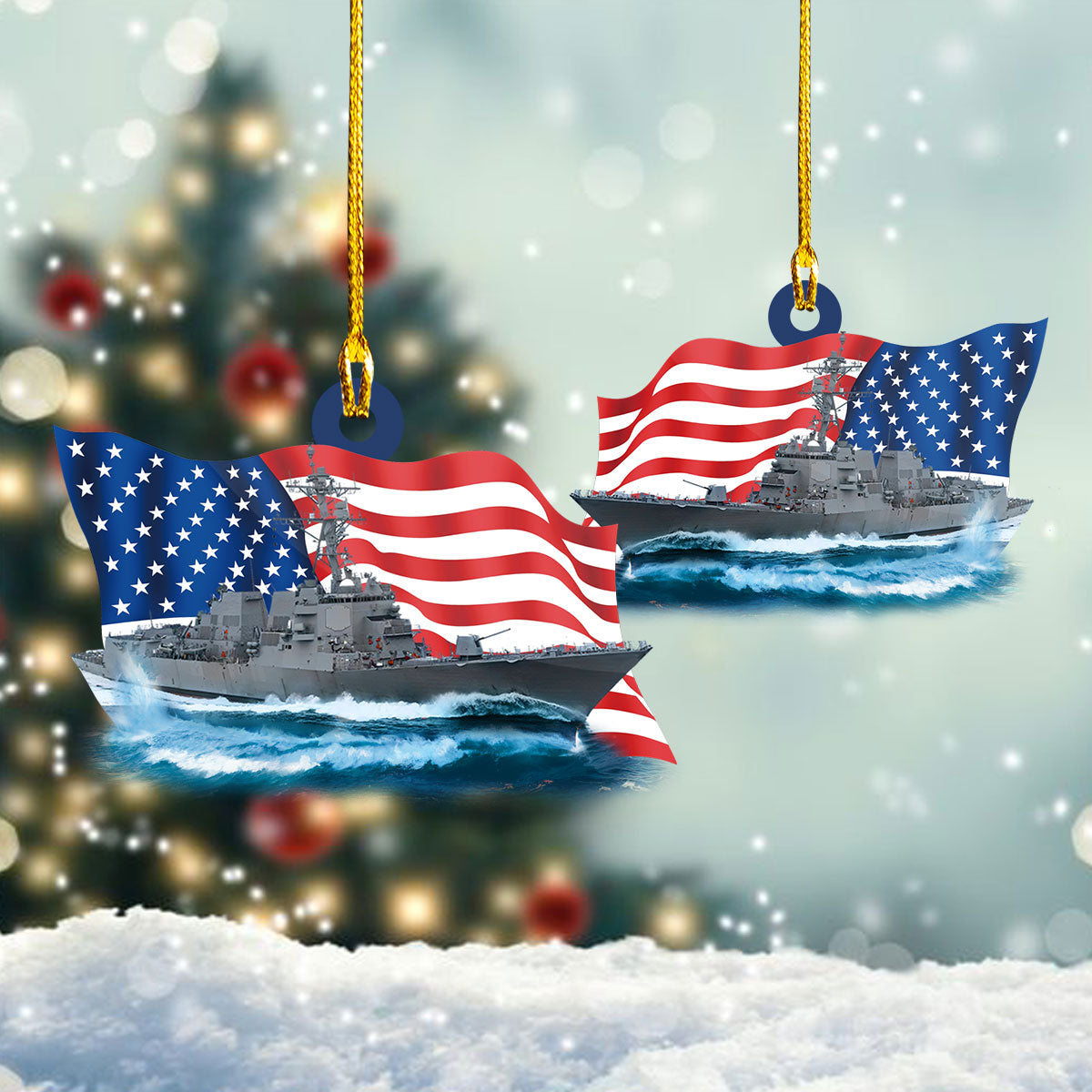 Navy US Flag Destroyer Custom Shaped Christmas Ornament/ Navy Ship Ornament