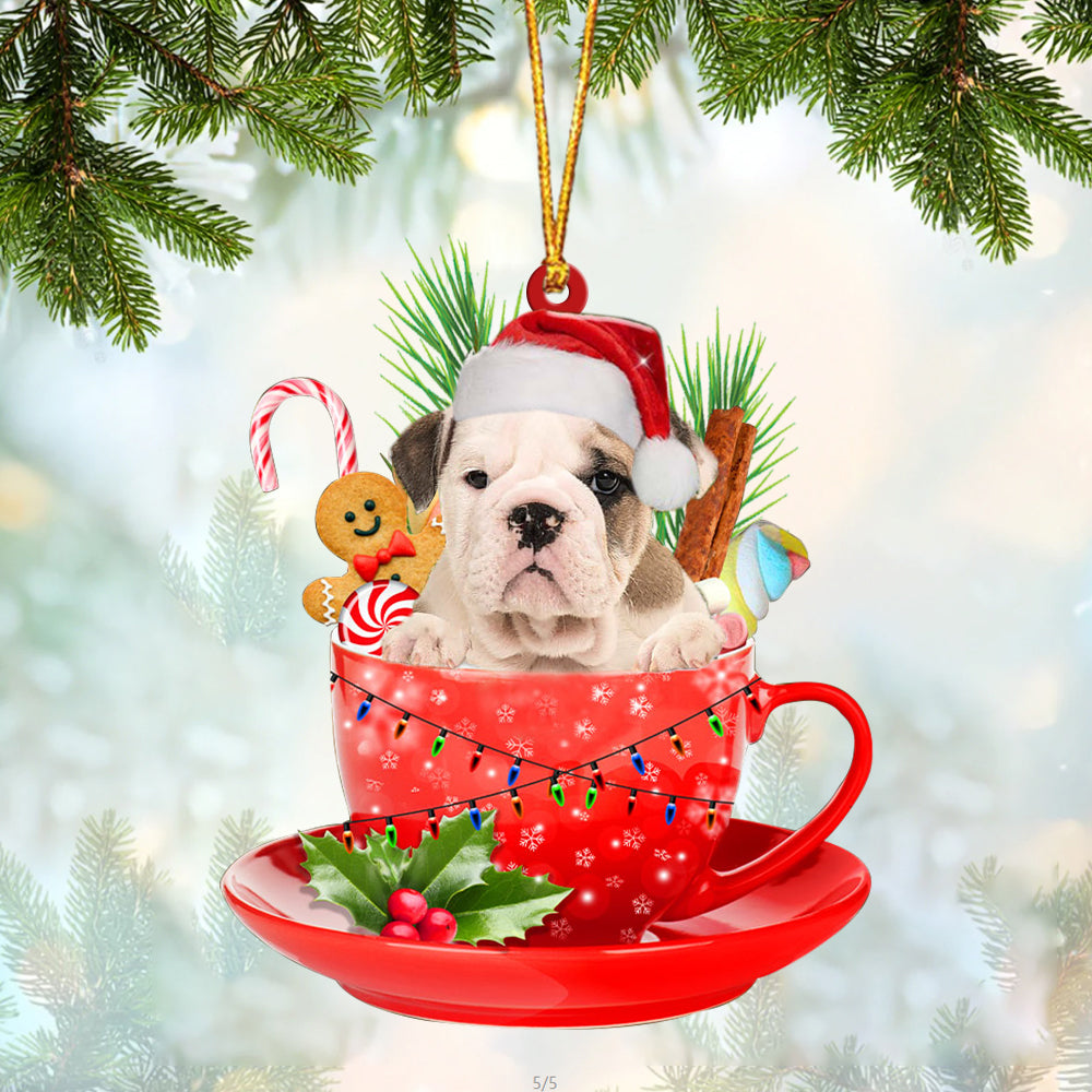 Old English Bulldog In Cup Merry Christmas Ornament Flat Acrylic Dog Ornament