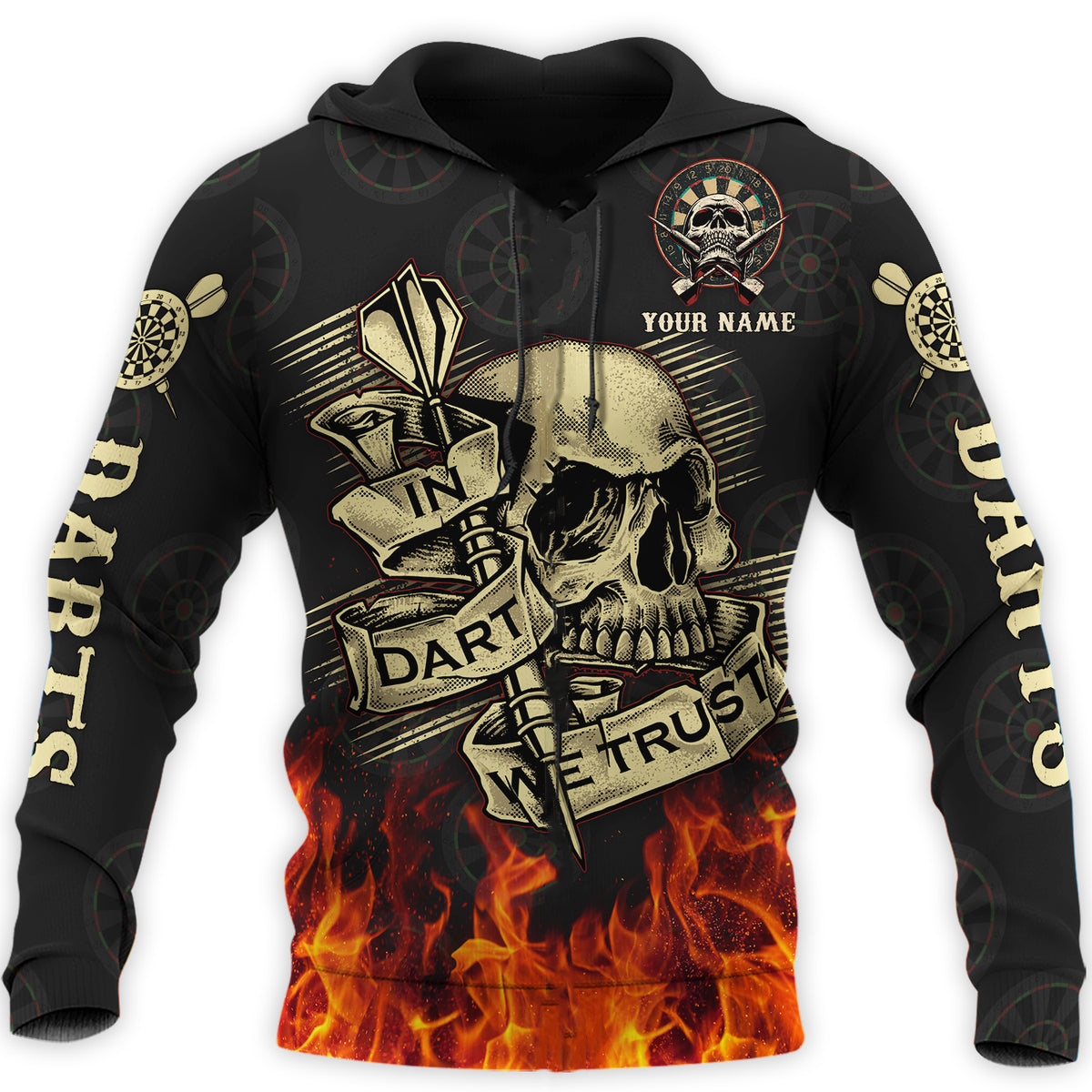 Personalized Name Dart Skull Fire Hoodie for Men/ In Dart We Trust Shirt/ Skull 3D Hoodie