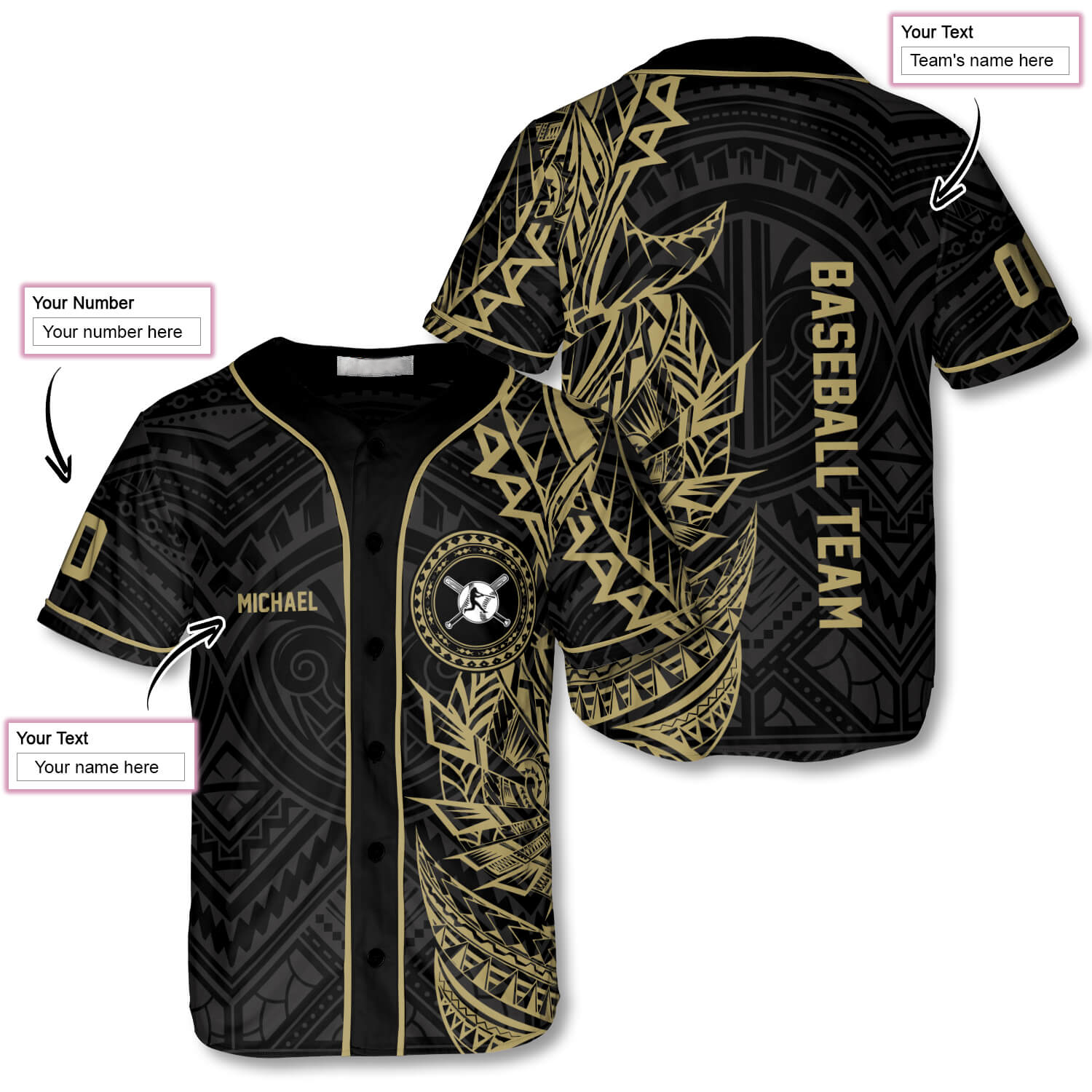 Athlete Gold Tribal Custom Baseball Jersey/ Idea Gift for Baseball Player